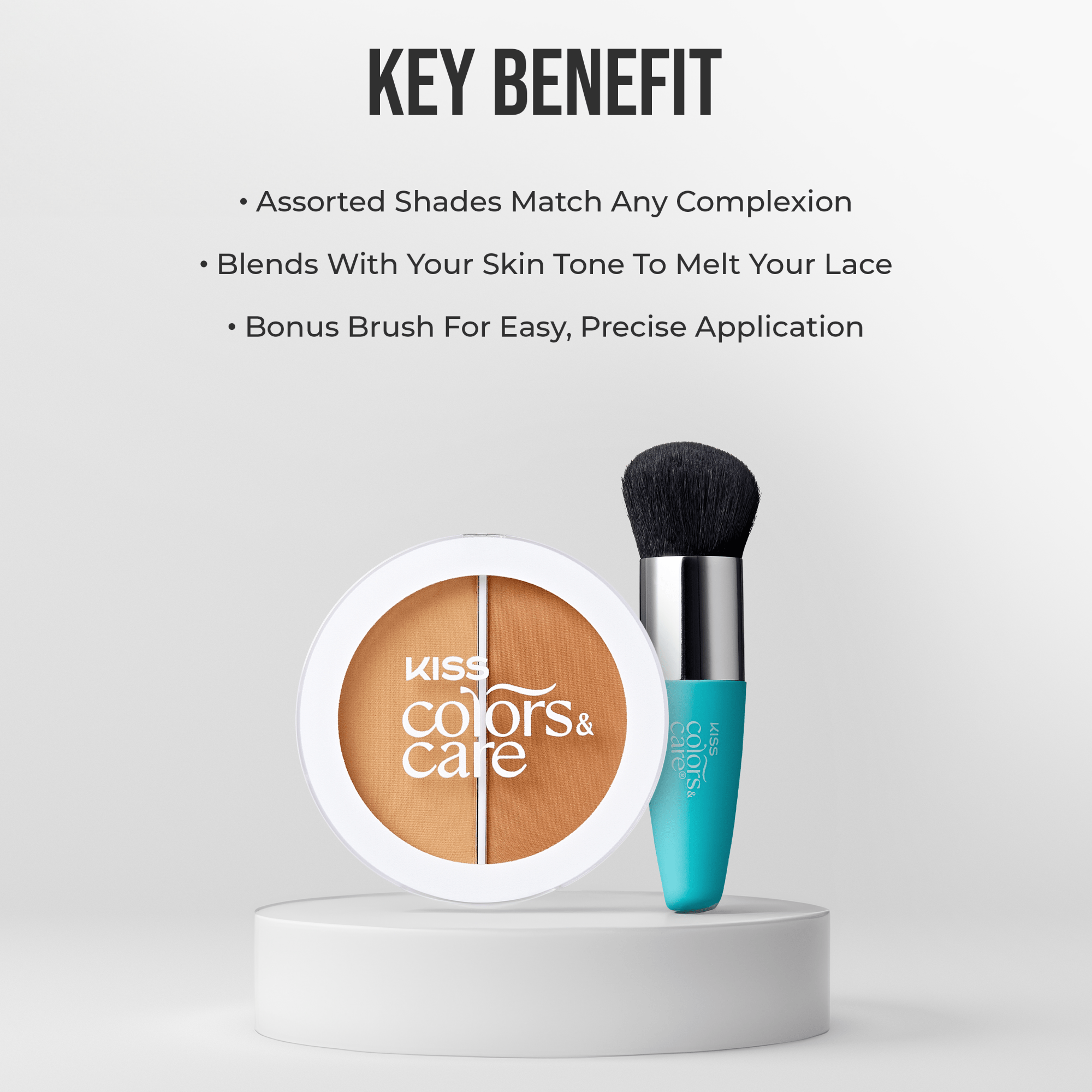 Makeup product with a brush on a white background, featuring &