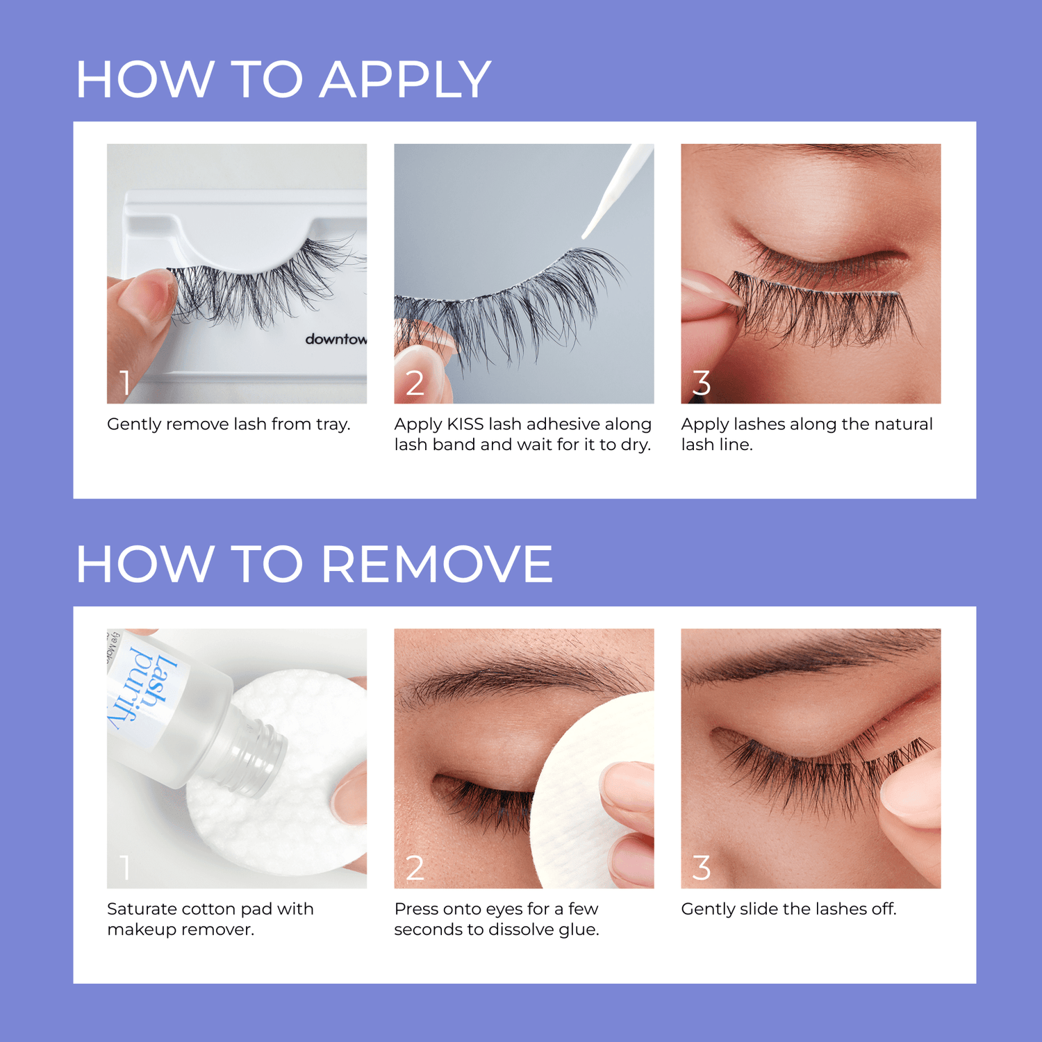 “Step-by-step application and removal guide for KISS Lash Couture Strip Lash Adhesive.