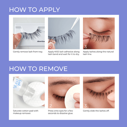 “Step-by-step application and removal guide for KISS Lash Couture Strip Lash Adhesive.
