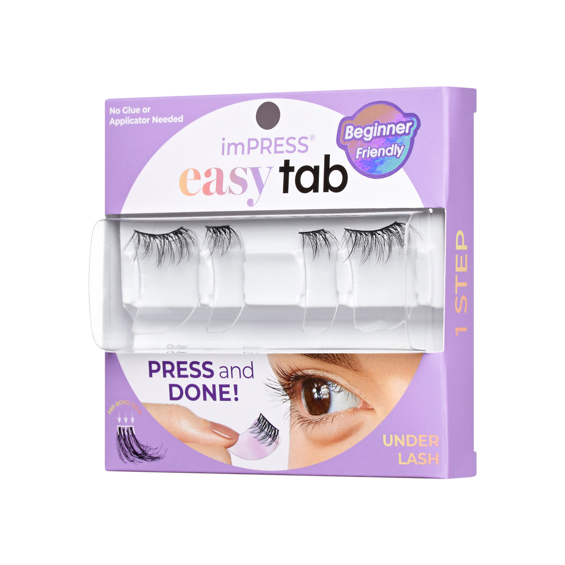 The image features a packaging for imPRESS easy tab false eyelashes. The box is predominantly purple and labeled as "Beginner Friendly." It highlights that no glue or applicator is needed, emphasizing ease of use with the phrase "PRESS and DONE!" The product is designed for under lash application and contains three sets of lashes. The overall design is appealing and geared towards individuals looking for a simple way to enhance their eyelashes.