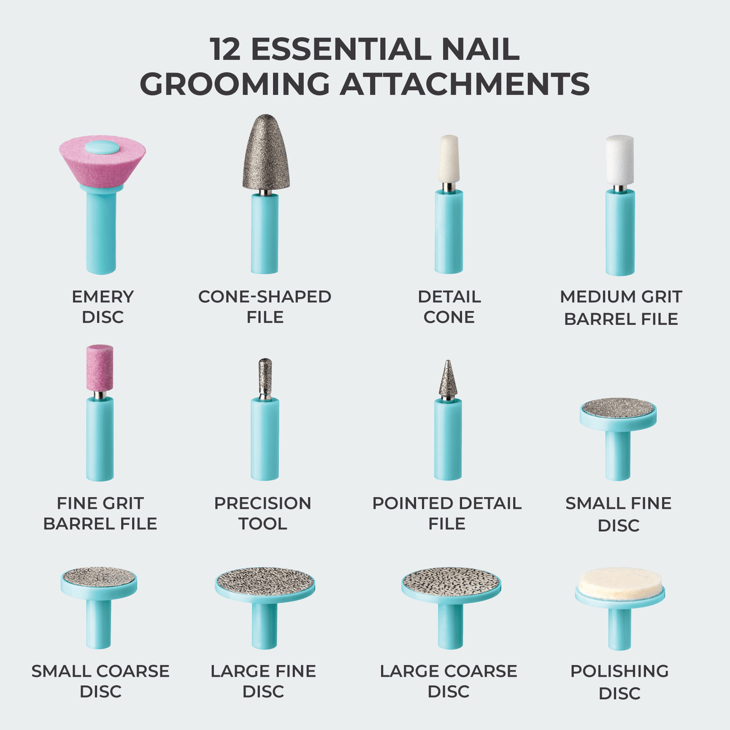Twelve blue-handled nail grooming attachments for KISS Power File X Nail Dryer, including emery disc, cone-shaped and detail cones, barrel files, precision tool, pointed file, coarse and fine discs, and a polishing disc.
