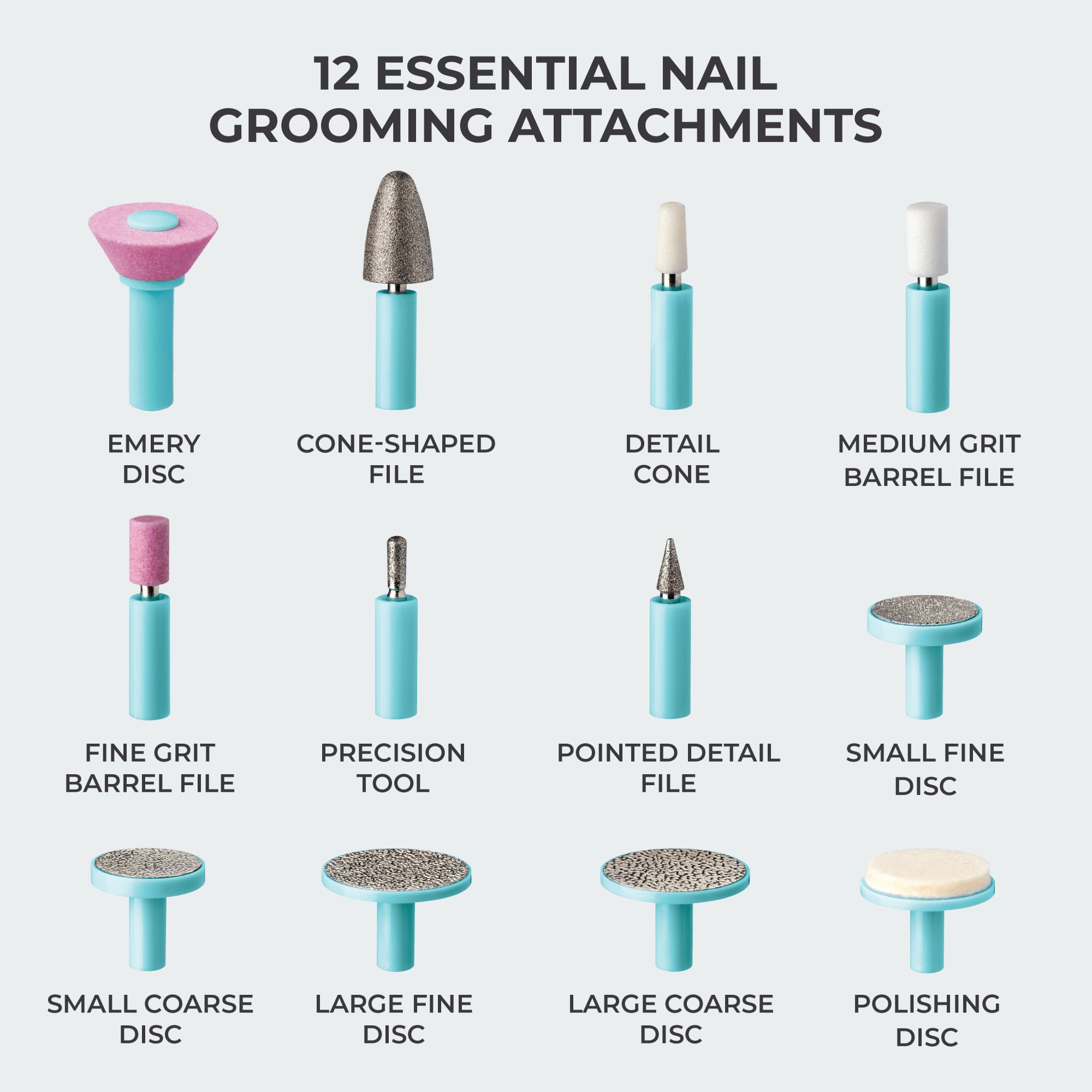 Twelve blue-handled nail grooming attachments for KISS Power File X Nail Dryer, including emery disc, cone-shaped and detail cones, barrel files, precision tool, pointed file, coarse and fine discs, and a polishing disc.