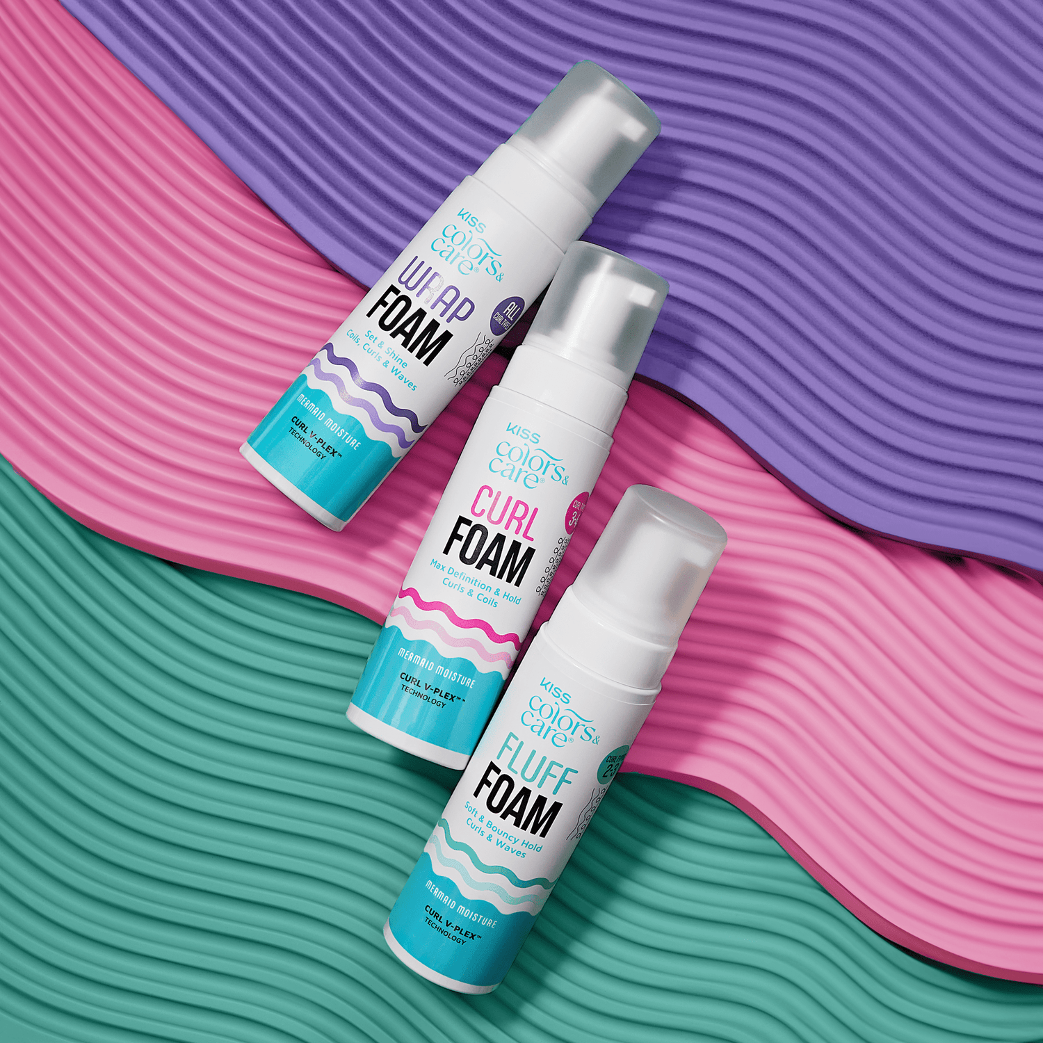 Three Miss Color Care foam products on colorful wavy background backdrop.