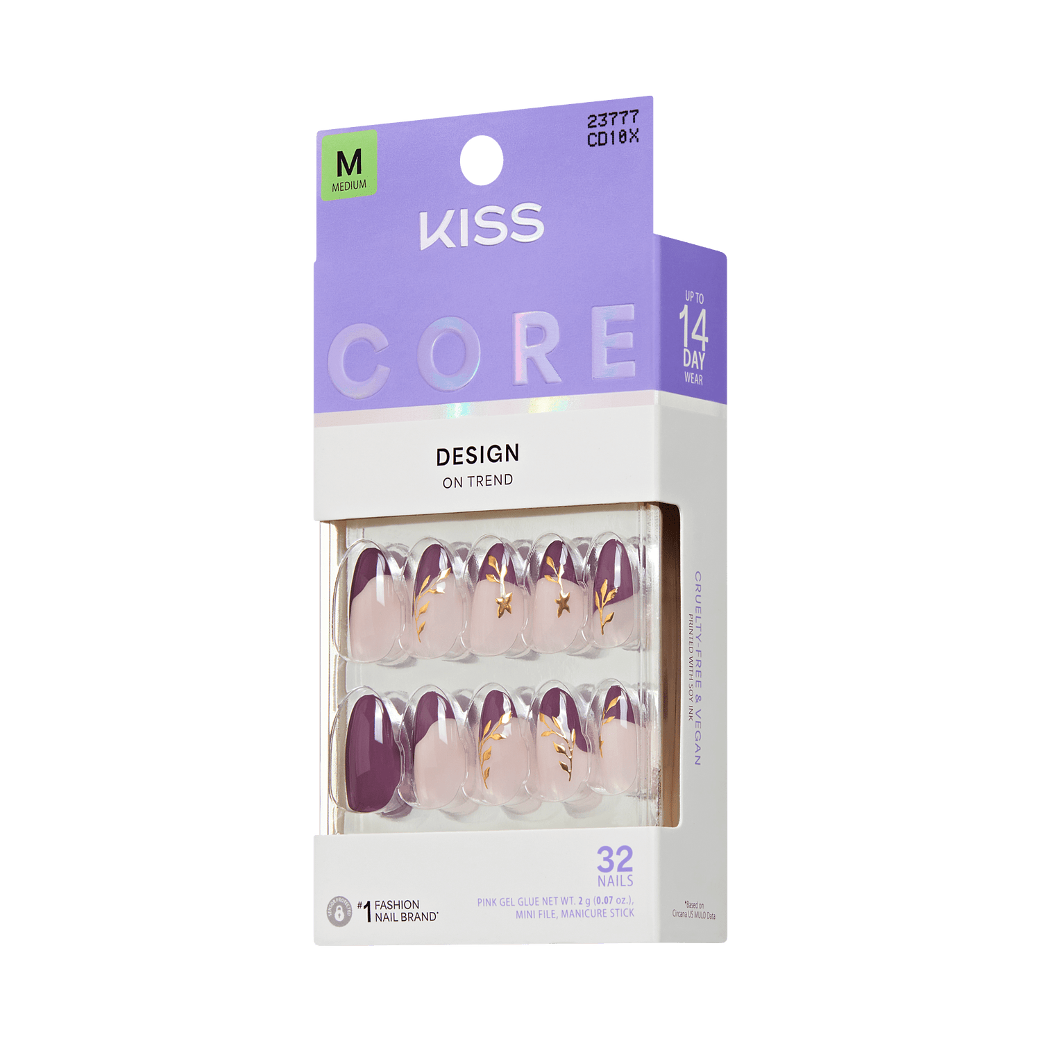Kiss Core Design Press On Fake Glue Nails - Soft Glow | French Design, Purple, Medium, Almond
