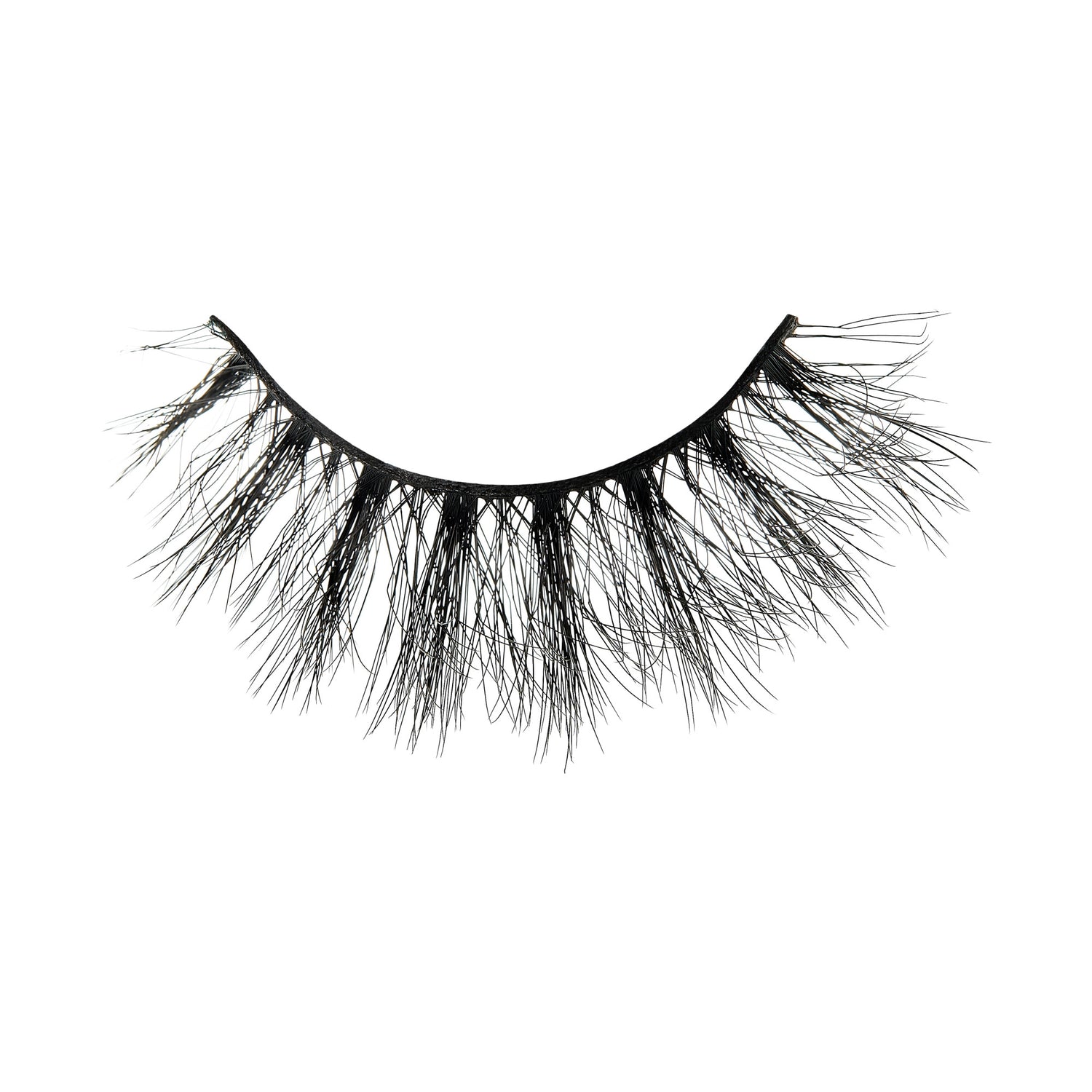 Dramatic black false eyelashes with full, wispy lashes on curved band