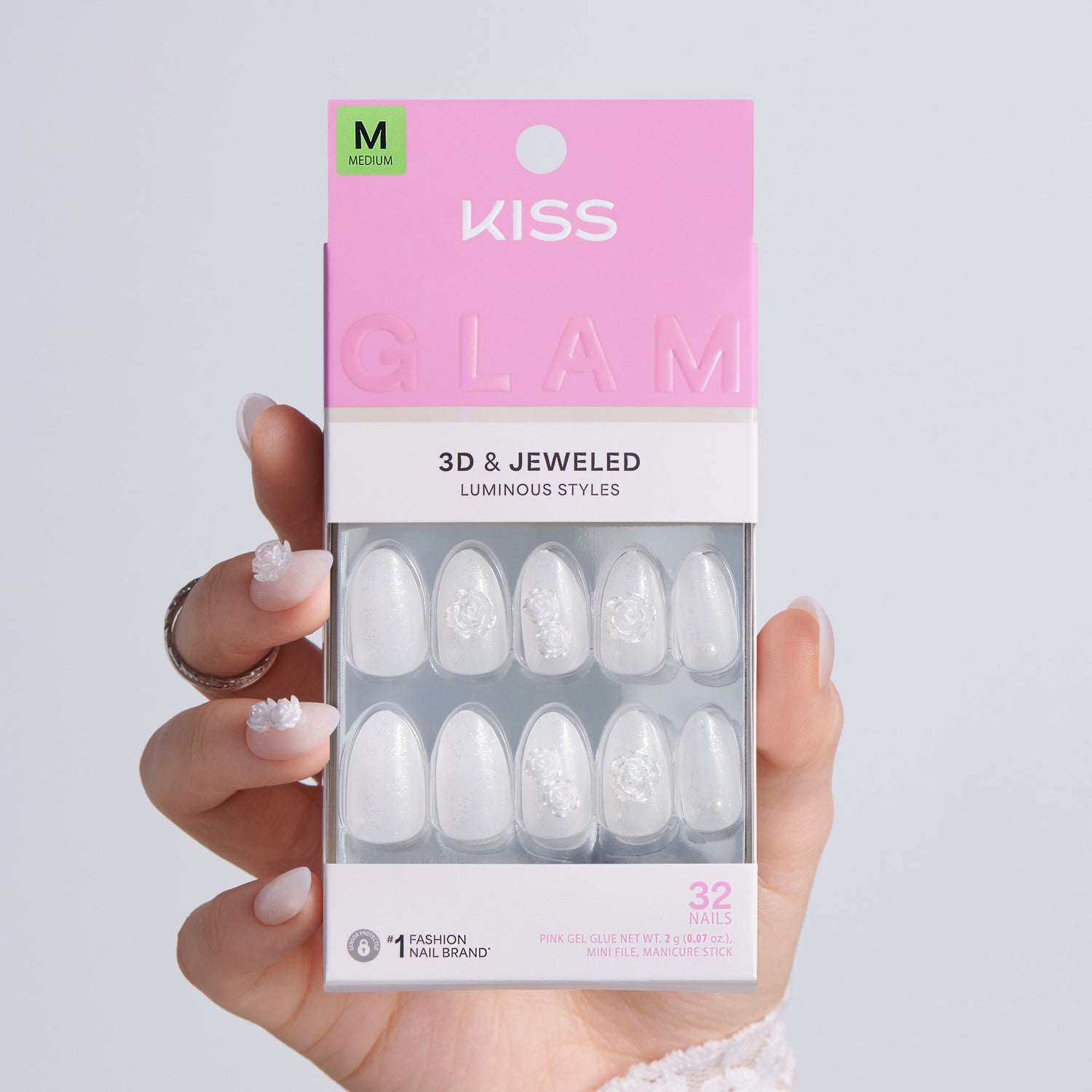 Kiss Glam Jeweled Press On Fake Glue Nails - Polaroid | 3D &amp; Jeweled Design, White, Medium, Almond