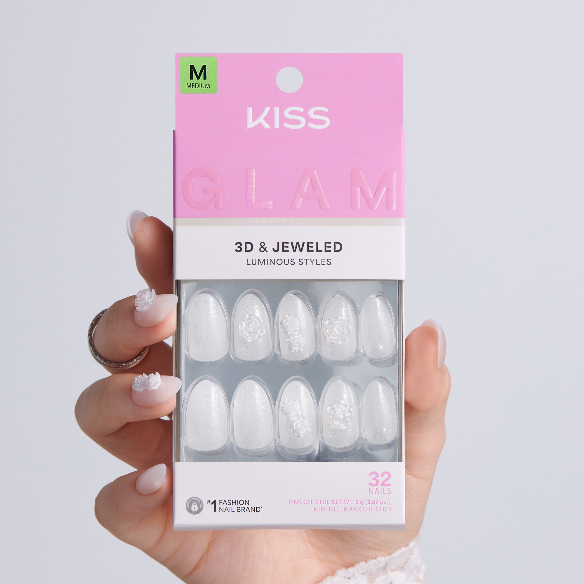 Kiss Glam Jeweled Press On Fake Glue Nails - Polaroid | 3D &amp; Jeweled Design, White, Medium, Almond
