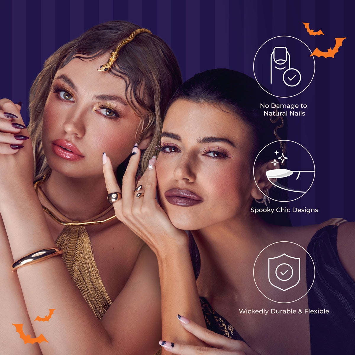 Two women with Halloween-themed nails pose against a dark purple striped background. One has deep burgundy nails; the other has pale pink nails with ghost and carnival designs.