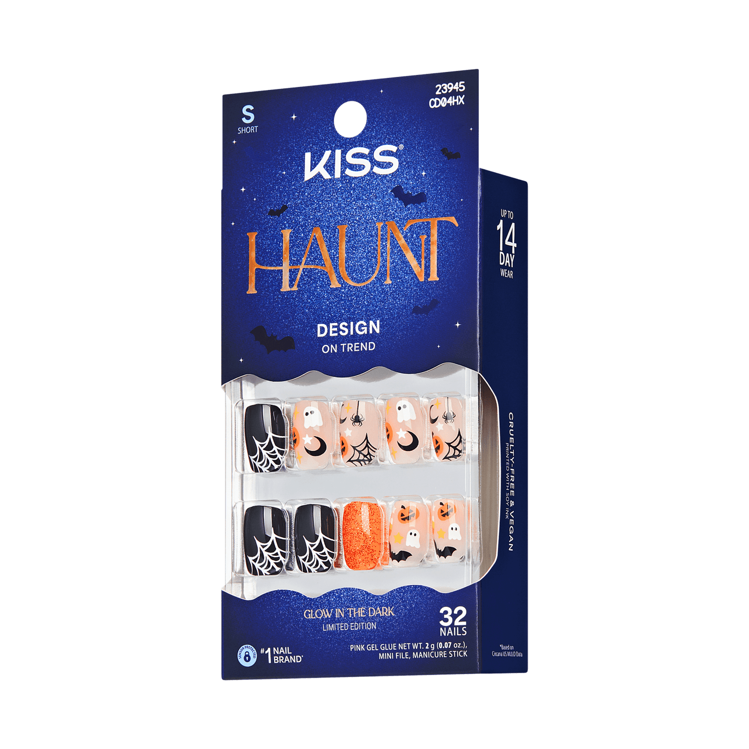 Kiss Haunt Halloween Press On Fake Glue Nails - Fangs for the Memories | Design, Orange &amp; Black, Short, Squoval, Glow In The Dark
