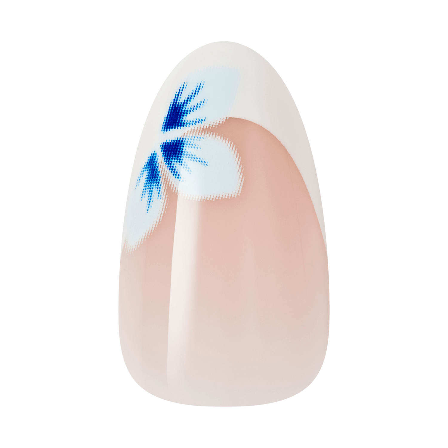 Nail with blue and white floral design on a clear background