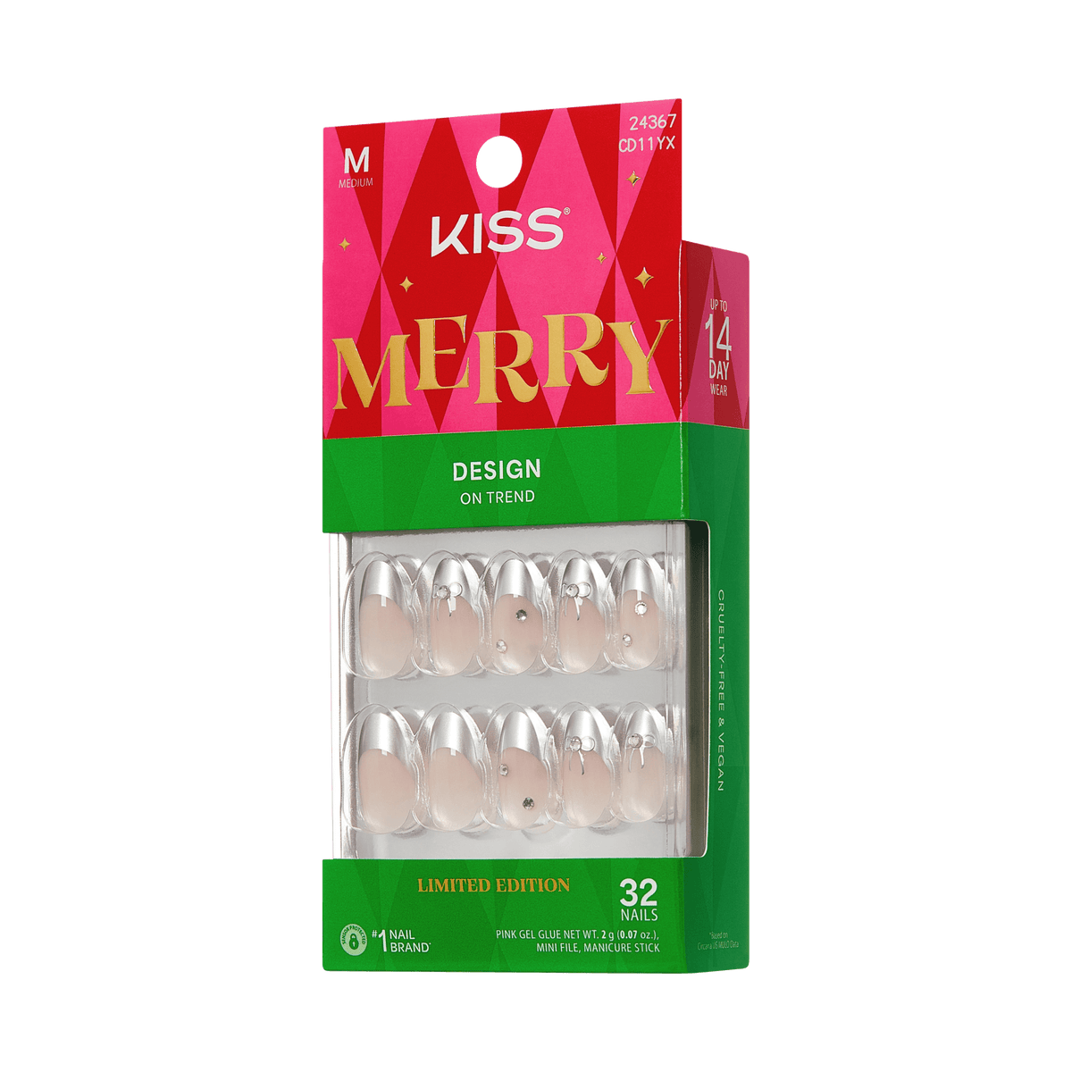 Kiss Merry Holiday Press On Fake Glue Nails - Let It Glow | 3D &amp; Jewel French Design, Silver, Medium, Almond