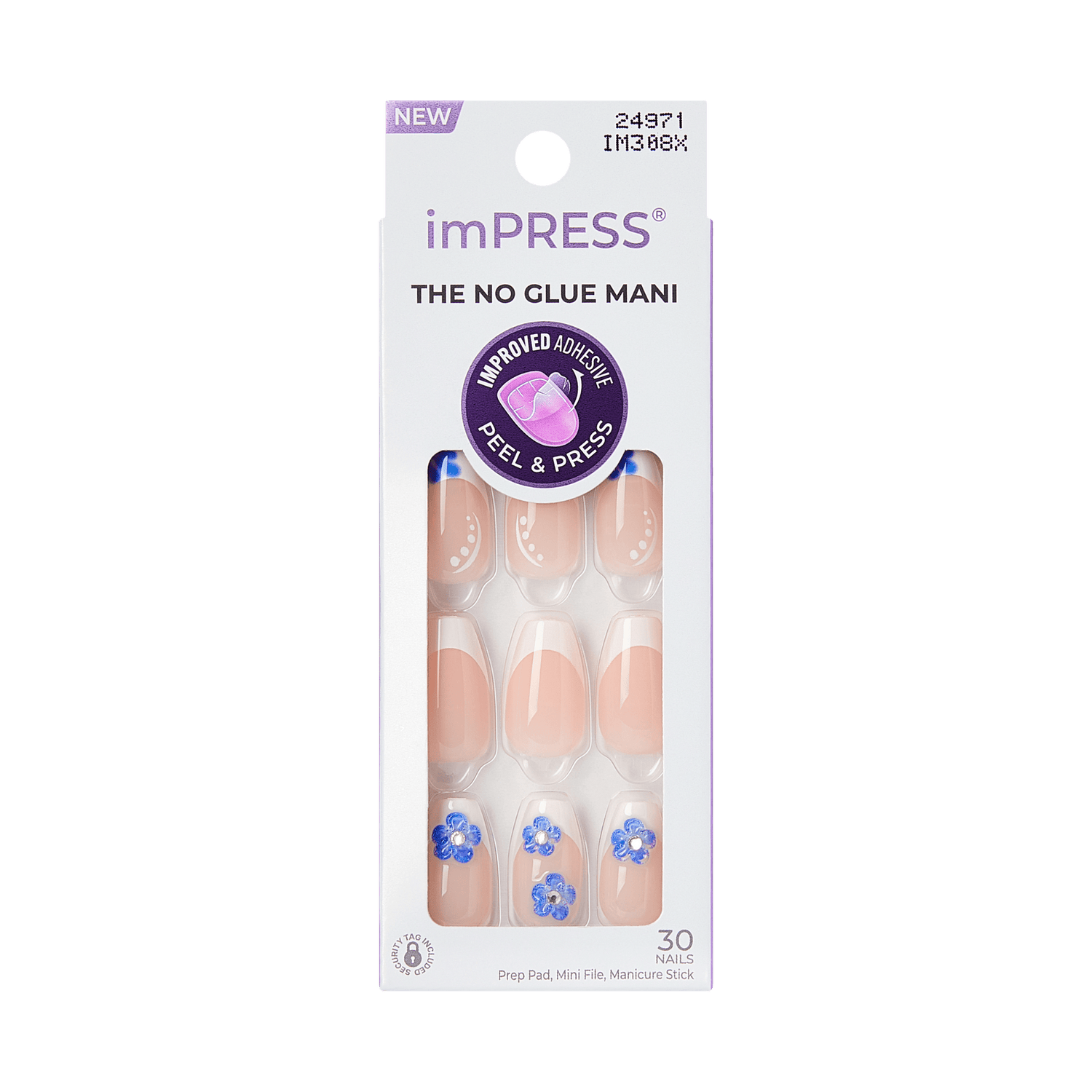 imPRESS The No Glue Mani press-on nails packaging, 30 nails, nude nails with blue floral accents, Peel &amp; Press improved adhesive, transparent background