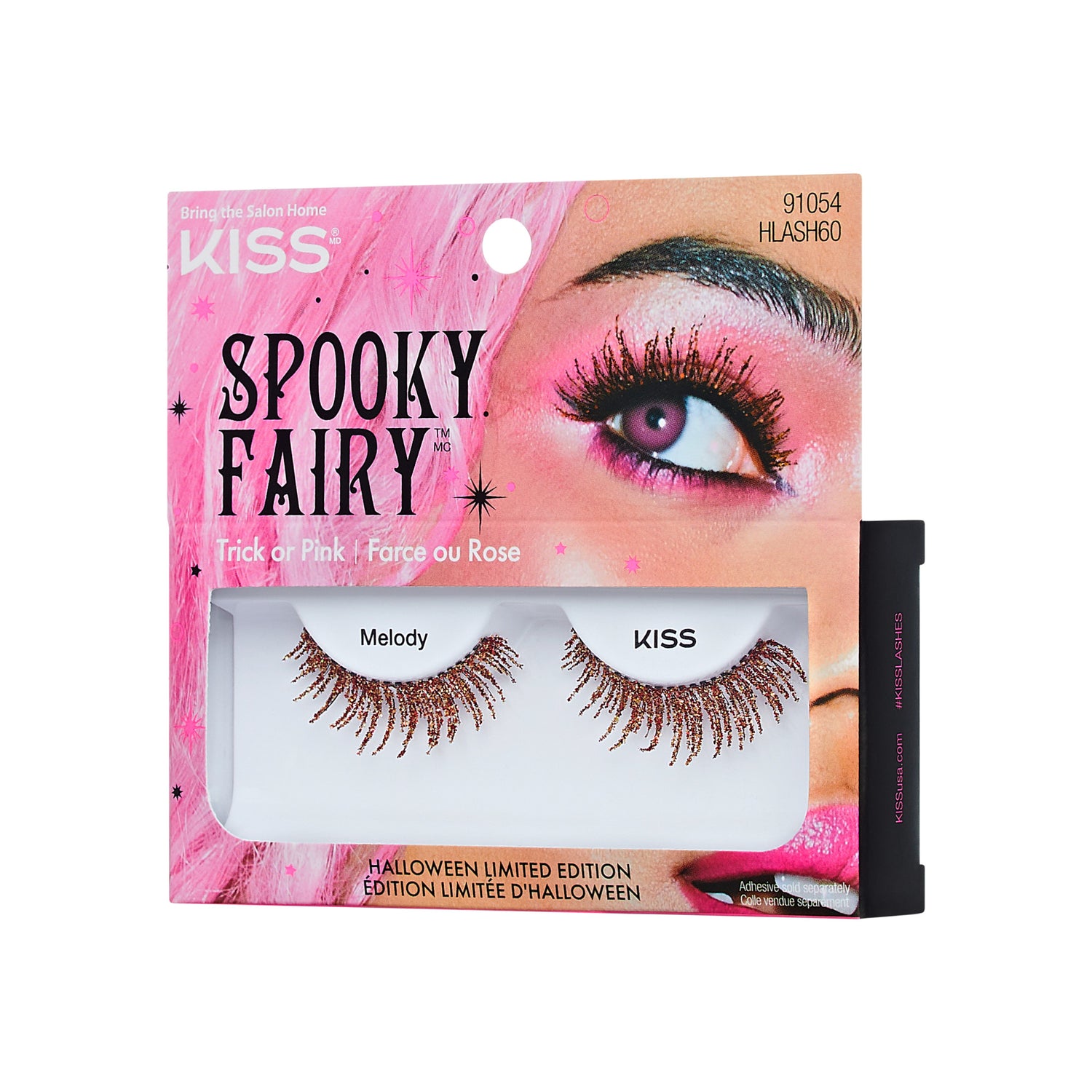 KISS Spooky Fairy Halloween lashes in Trick or Pink with brown glitter finish packaging.