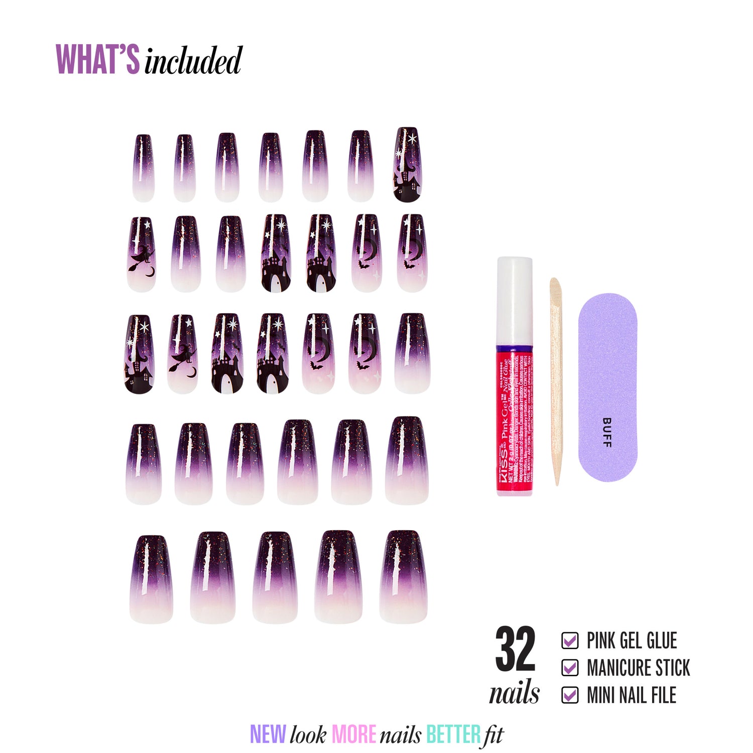 Kiss Haunt Halloween Press On Fake Glue Nails - After Dark | Design, Purple, Long, Coffin, Glow In The Dark