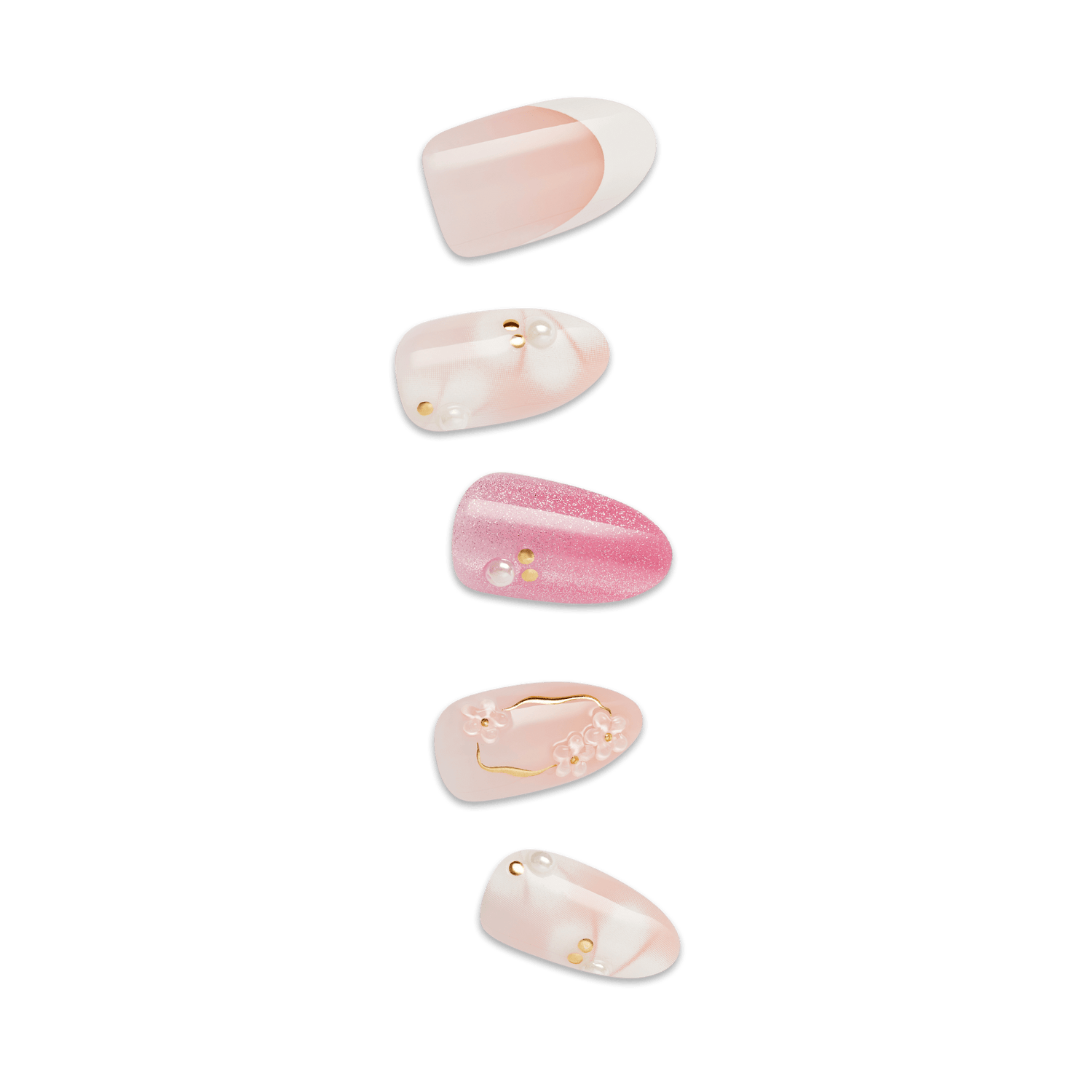 Set of five pink and white stones on a green background