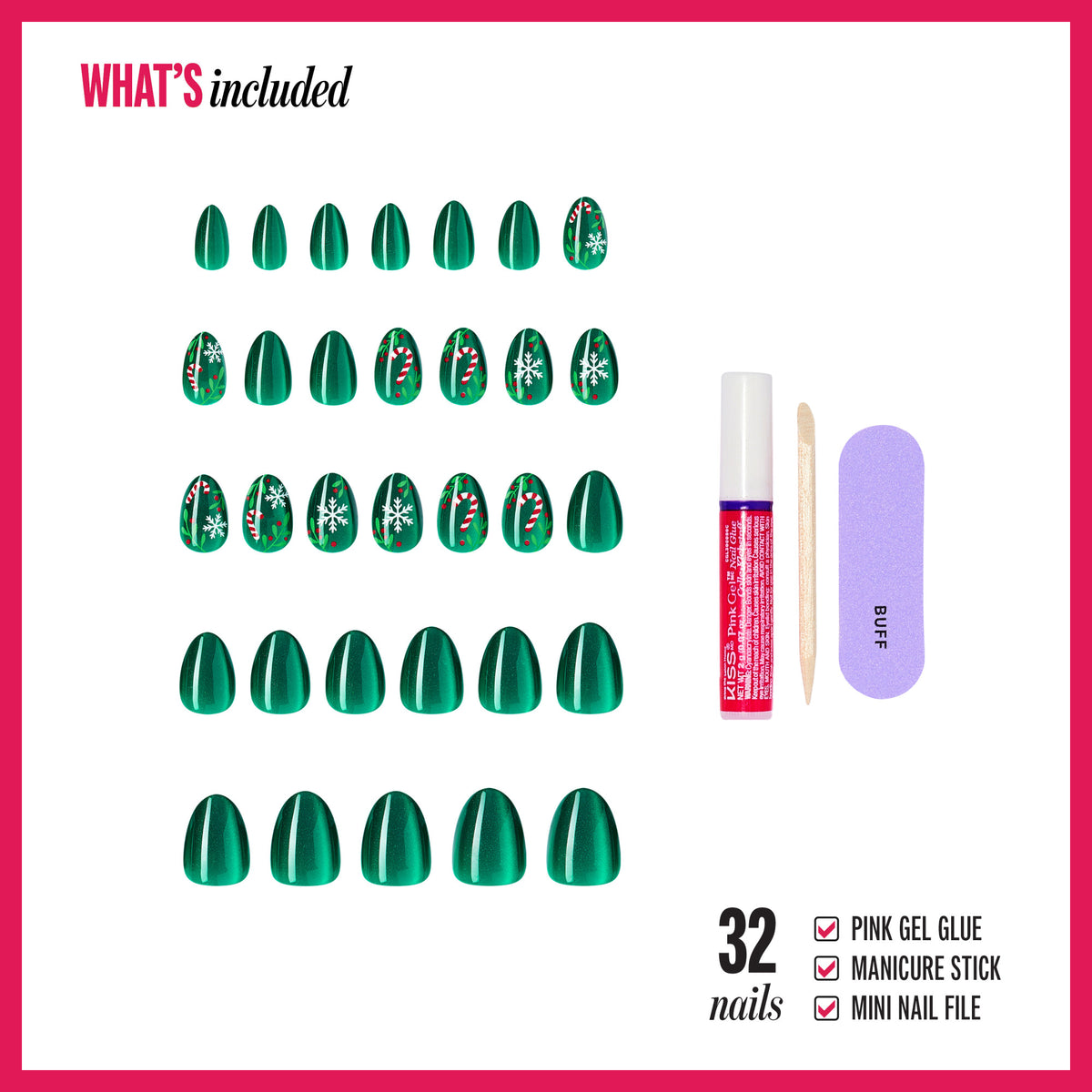 Kiss Merry Holiday Press On Fake Glue Nails Almond - Gifted Glam | Design, Green, Short, Almond