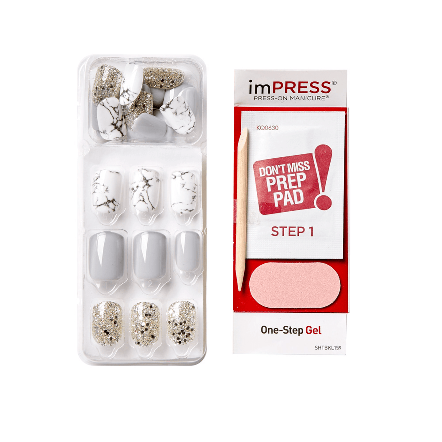 Set of imPRESS press-on manicure nails featuring gray, white marble, and gold glitter designs, with a prep pad, wooden stick, and nail file included.