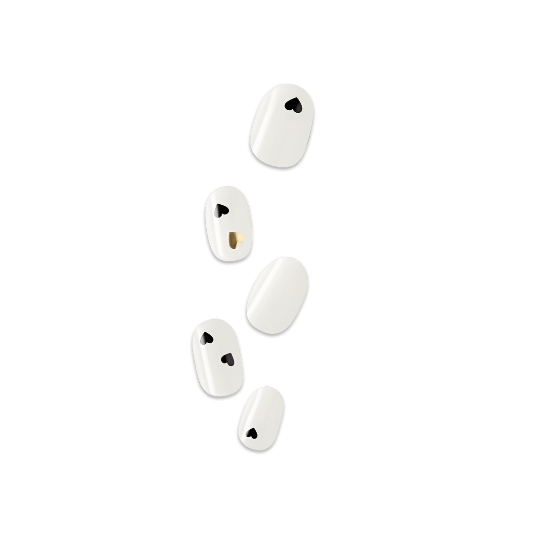 Glossy white press-on nails with small black heart decals on most nails and one gold heart decal on the set, shown scattered on a transparent background.