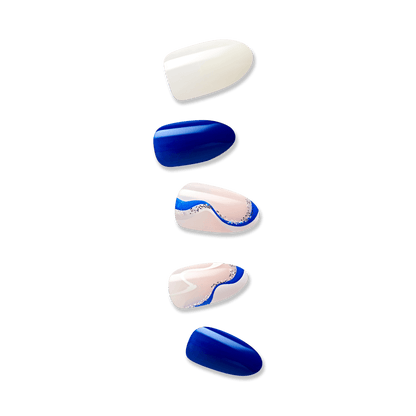 Five press-on nails displayed vertically: two solid royal blue, one solid off-white, and two light pink with wavy blue and silver glitter designs.