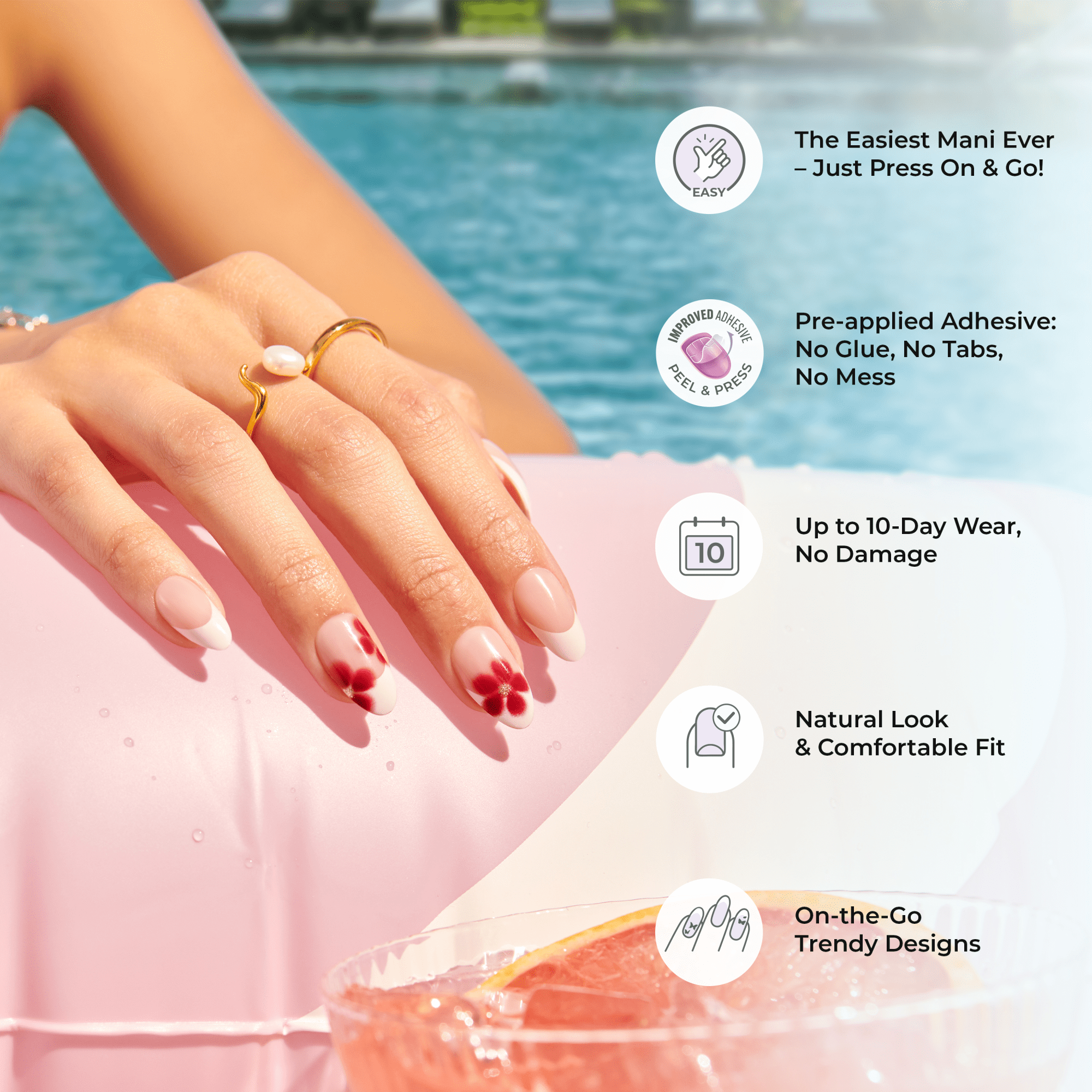 Hand with red nail polish by a pool, promoting a product with text about ease of use and features.