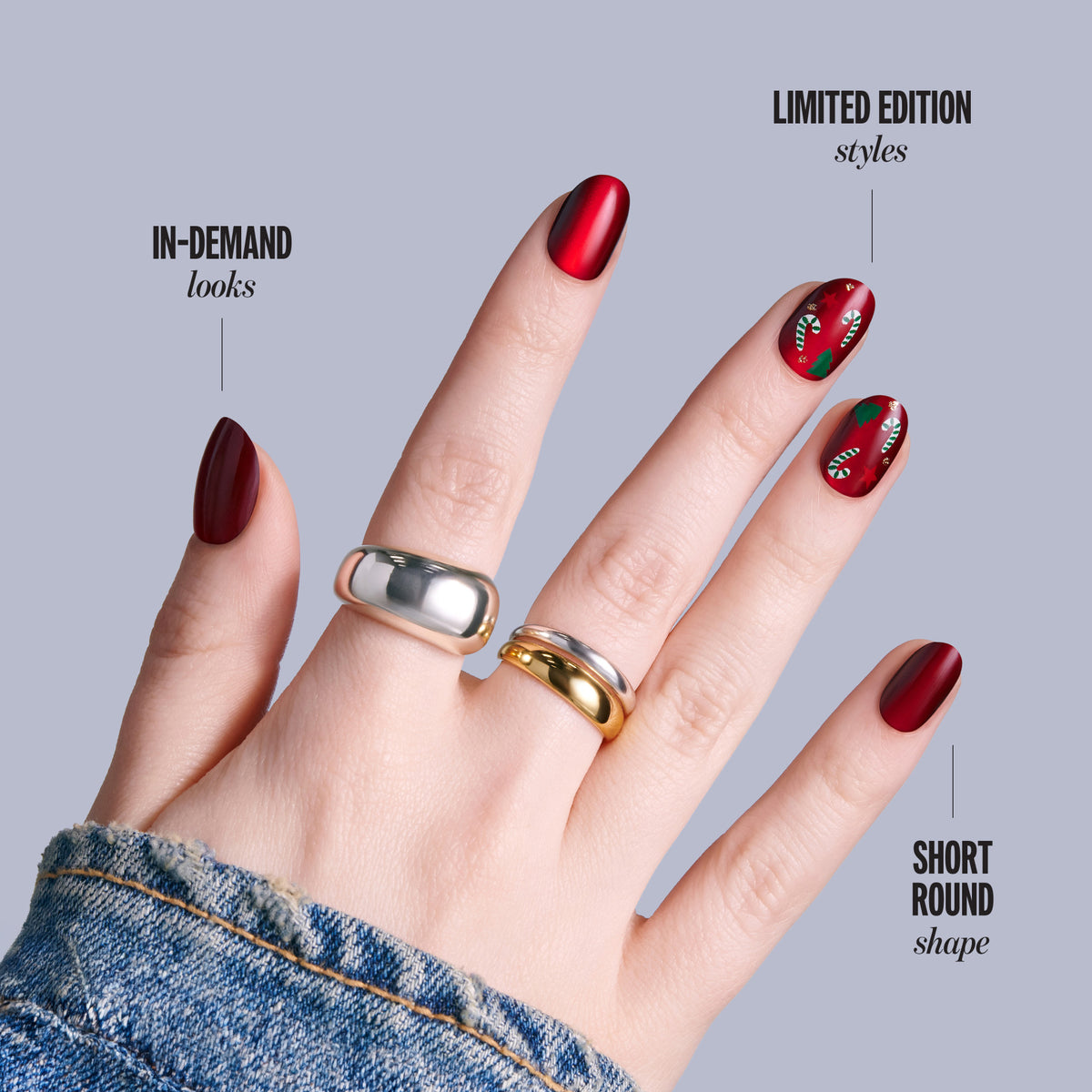 Kiss Merry Holiday Press On Fake Glue Nails - Sleigh My Name | Design, Red, Short, Round