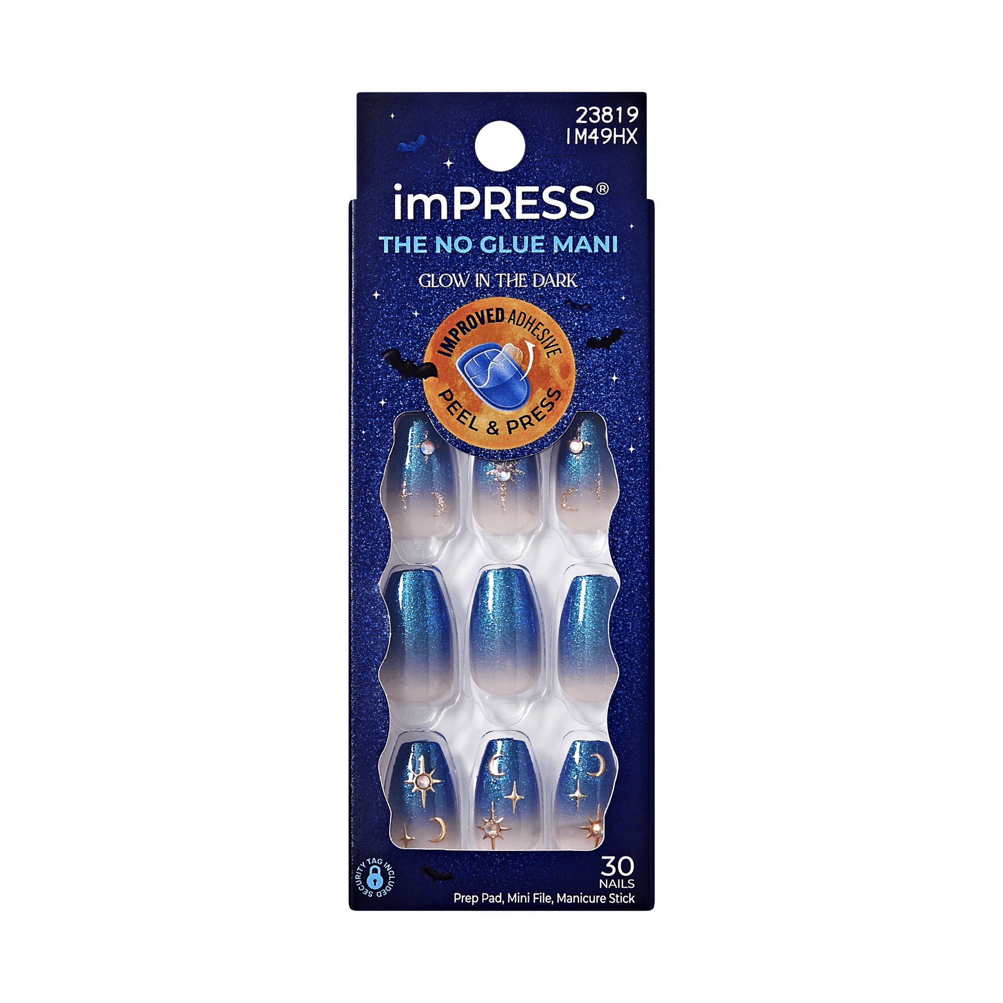 Impress Design Halloween No Glue Fake Press On Nails - Fatal Spell | Design, Blue, Medium, Coffin, Glow In The Dark, Manicure