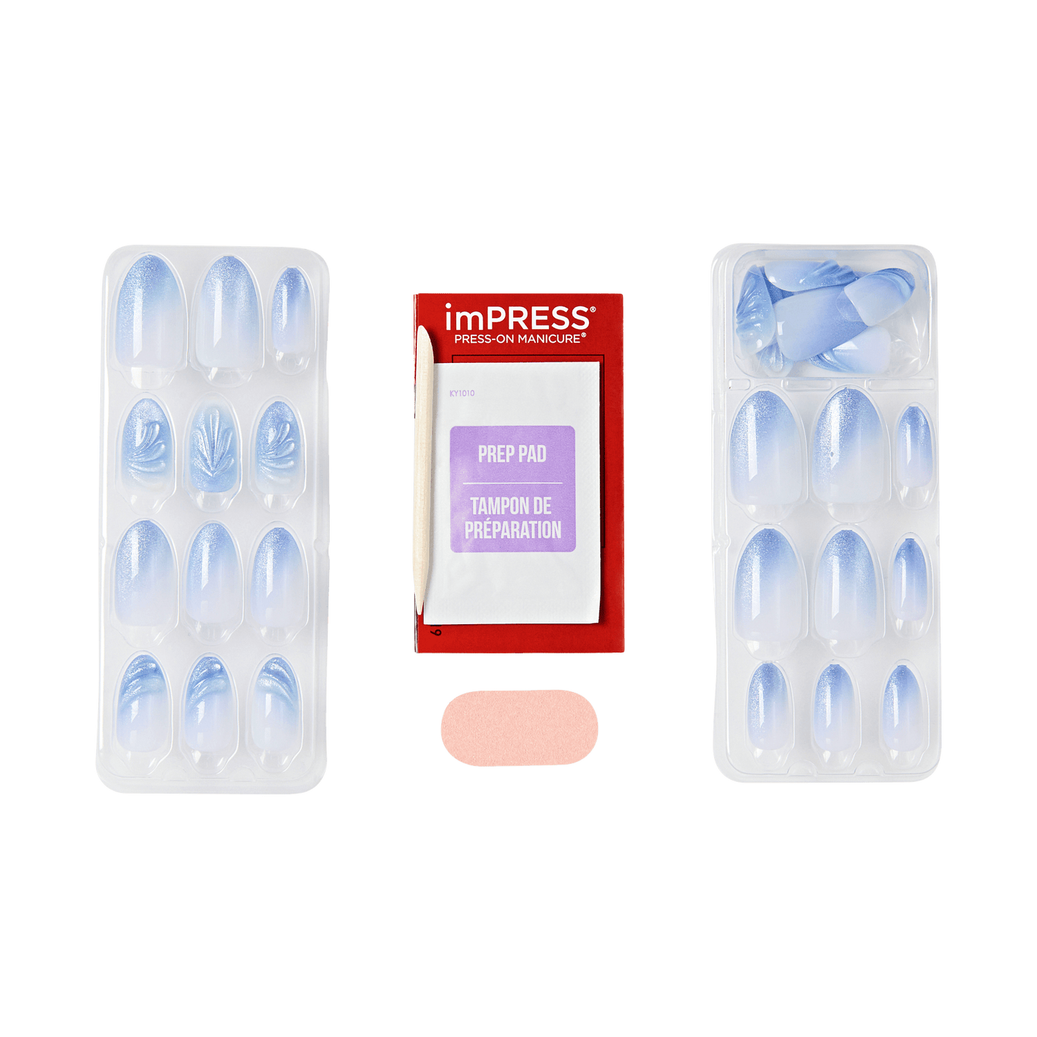 imPRESS press-on manicure packaging with nail forms and prep pad on a transparent background