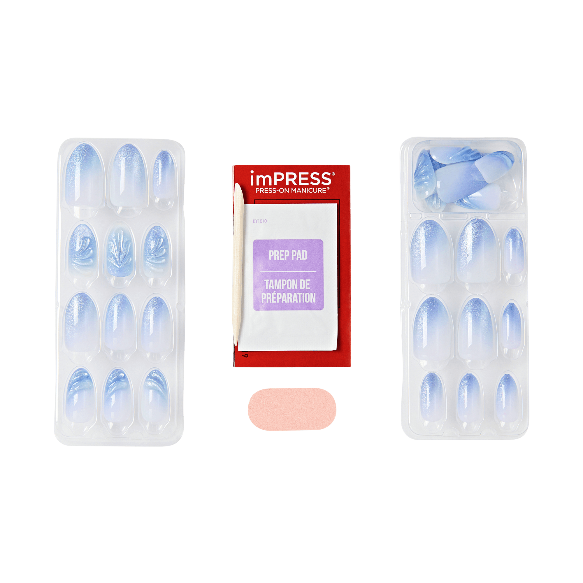 imPRESS press-on manicure packaging with nail forms and prep pad on a transparent background