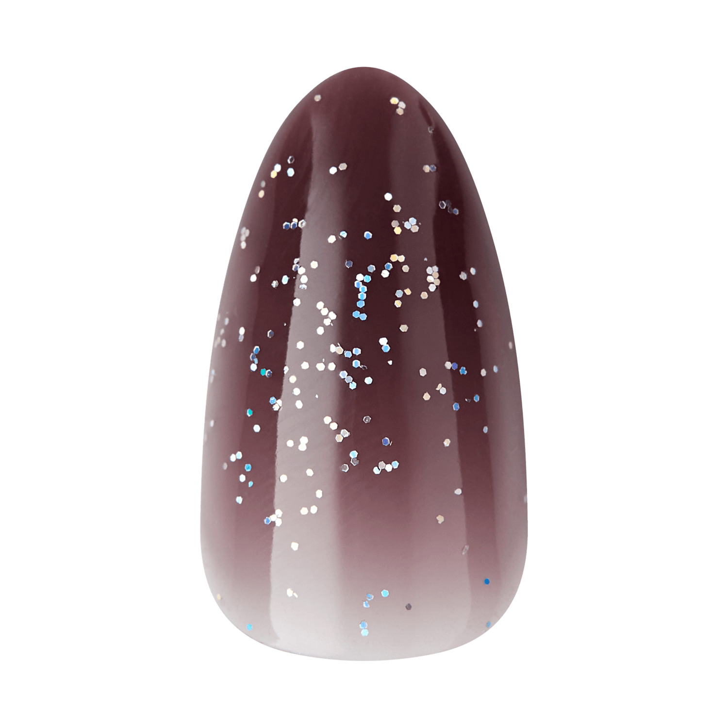 The image shows a single, elongated, and smooth object that appears to be a nail art design. The design features a gradient color scheme transitioning from a deep maroon at the top to a light, almost white shade at the bottom. The entire surface is adorned with small, scattered glitter particles that reflect light, adding a sparkling effect to the design. The shape is rounded at the top and tapers slightly towards the bottom, resembling a stylized fingernail.