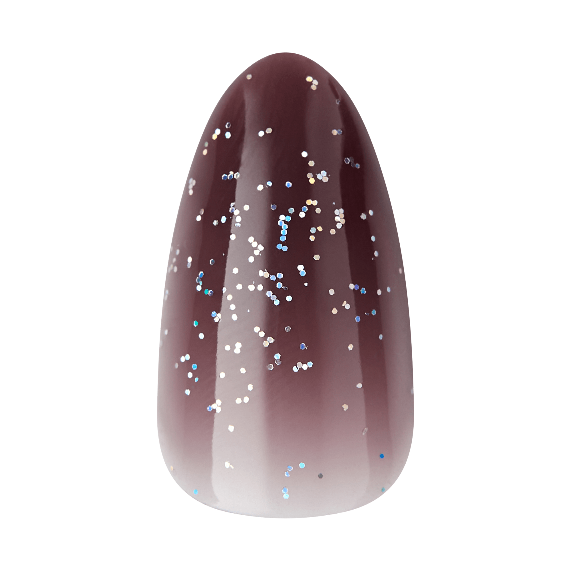 The image shows a single, elongated, and smooth object that appears to be a nail art design. The design features a gradient color scheme transitioning from a deep maroon at the top to a light, almost white shade at the bottom. The entire surface is adorned with small, scattered glitter particles that reflect light, adding a sparkling effect to the design. The shape is rounded at the top and tapers slightly towards the bottom, resembling a stylized fingernail.
