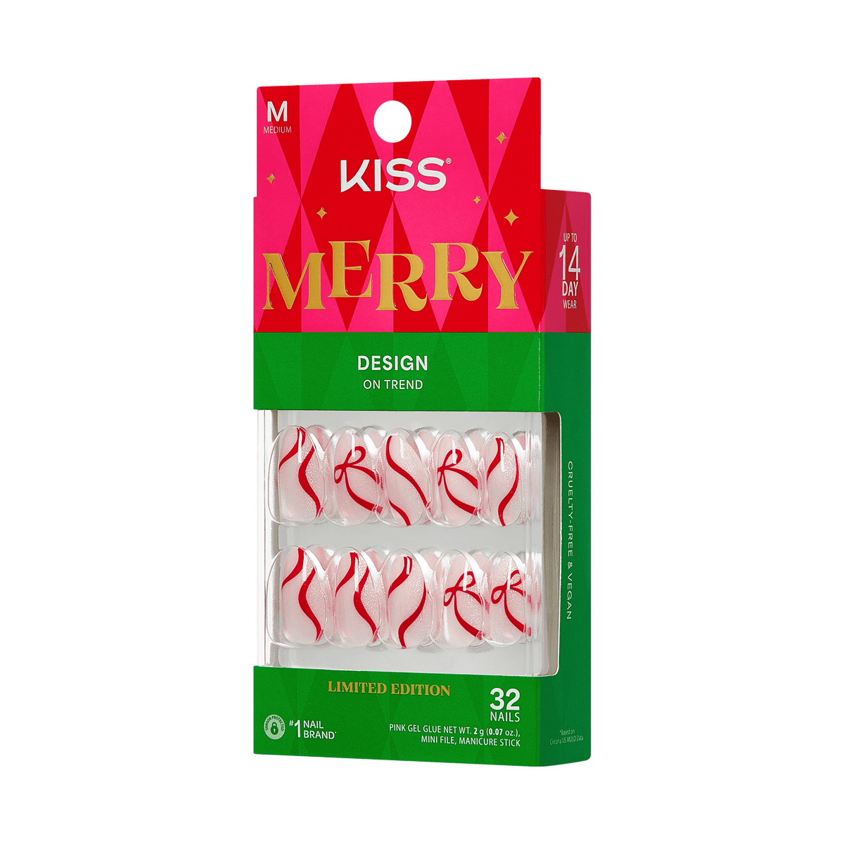 Kiss Merry Holiday Press On Fake Glue Nails - Shimmer Season | Design, Red, Medium, Almond