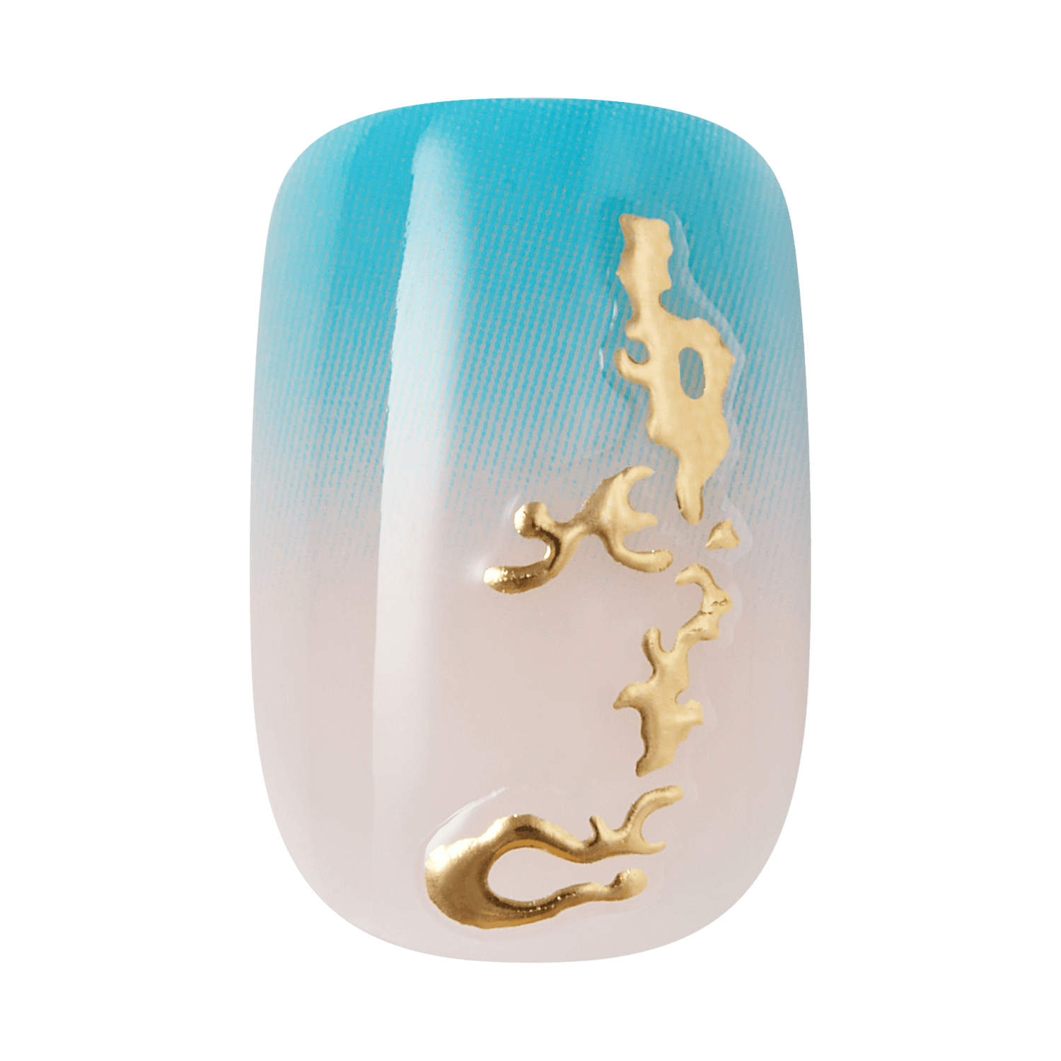 Nail art design with gold leaf on a gradient blue and white background