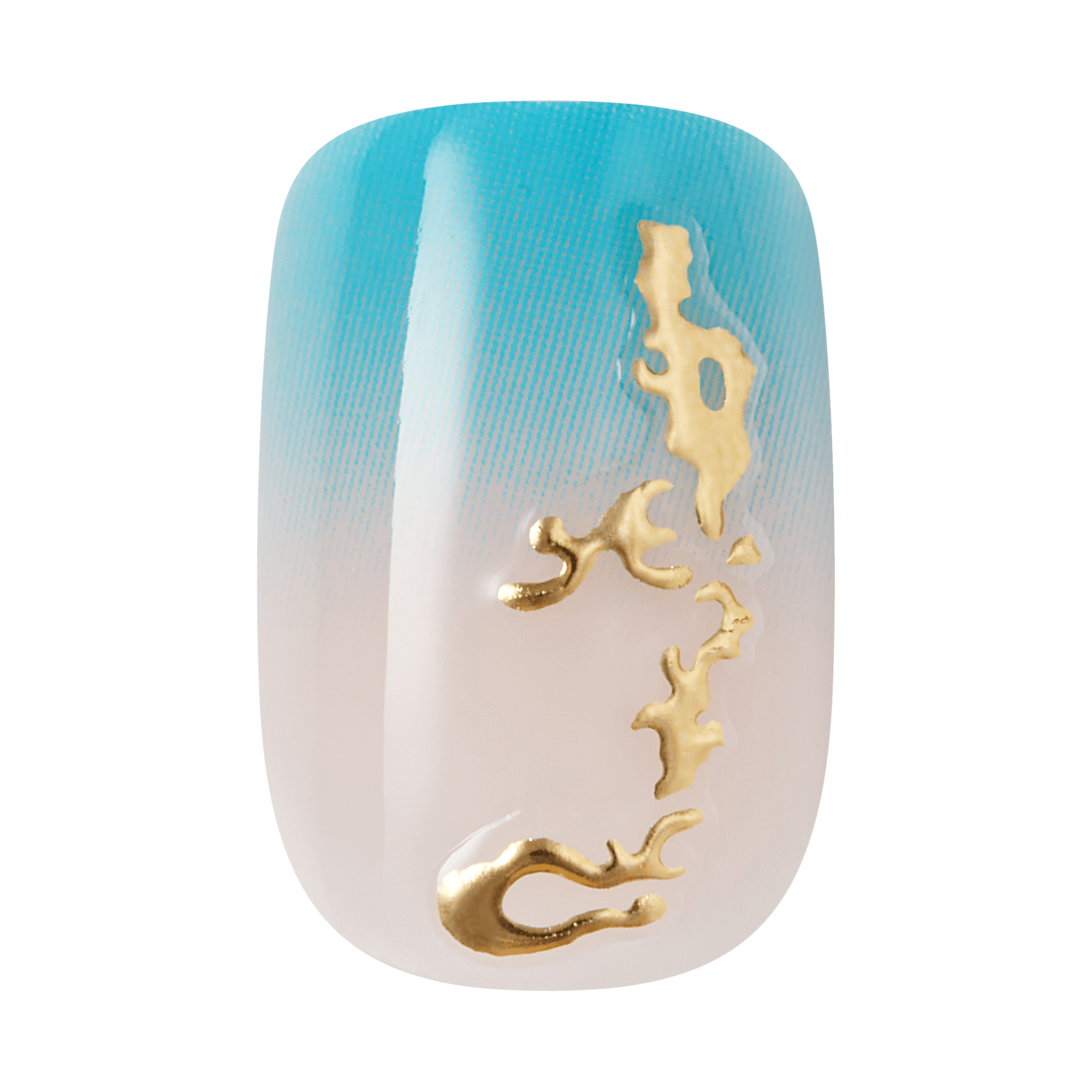 Nail art design with gold leaf on a gradient blue and white background