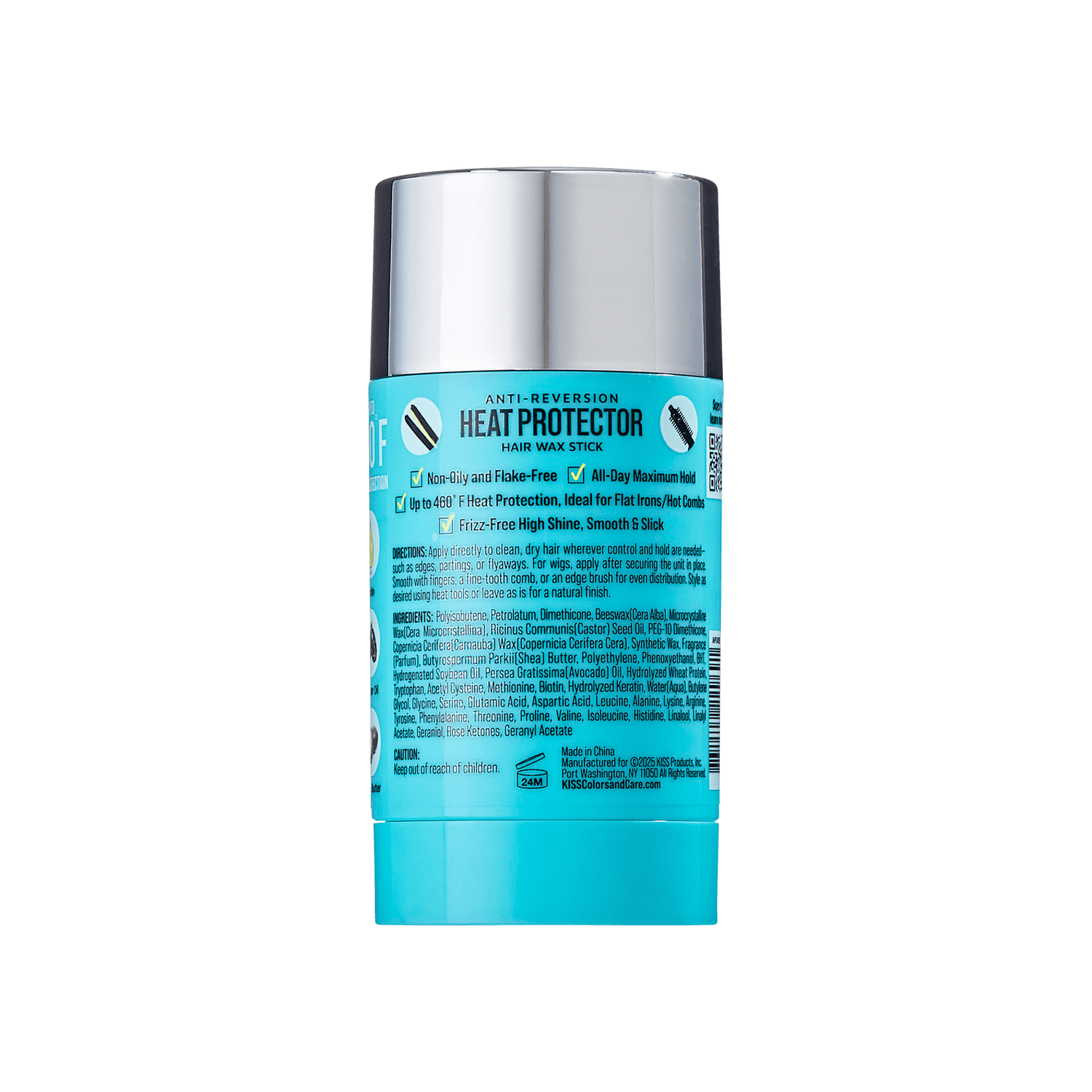 Blue and silver heat protector hair wax stick with text highlighting non-oily, flake-free, all-day hold, and up to 460°F heat protection.