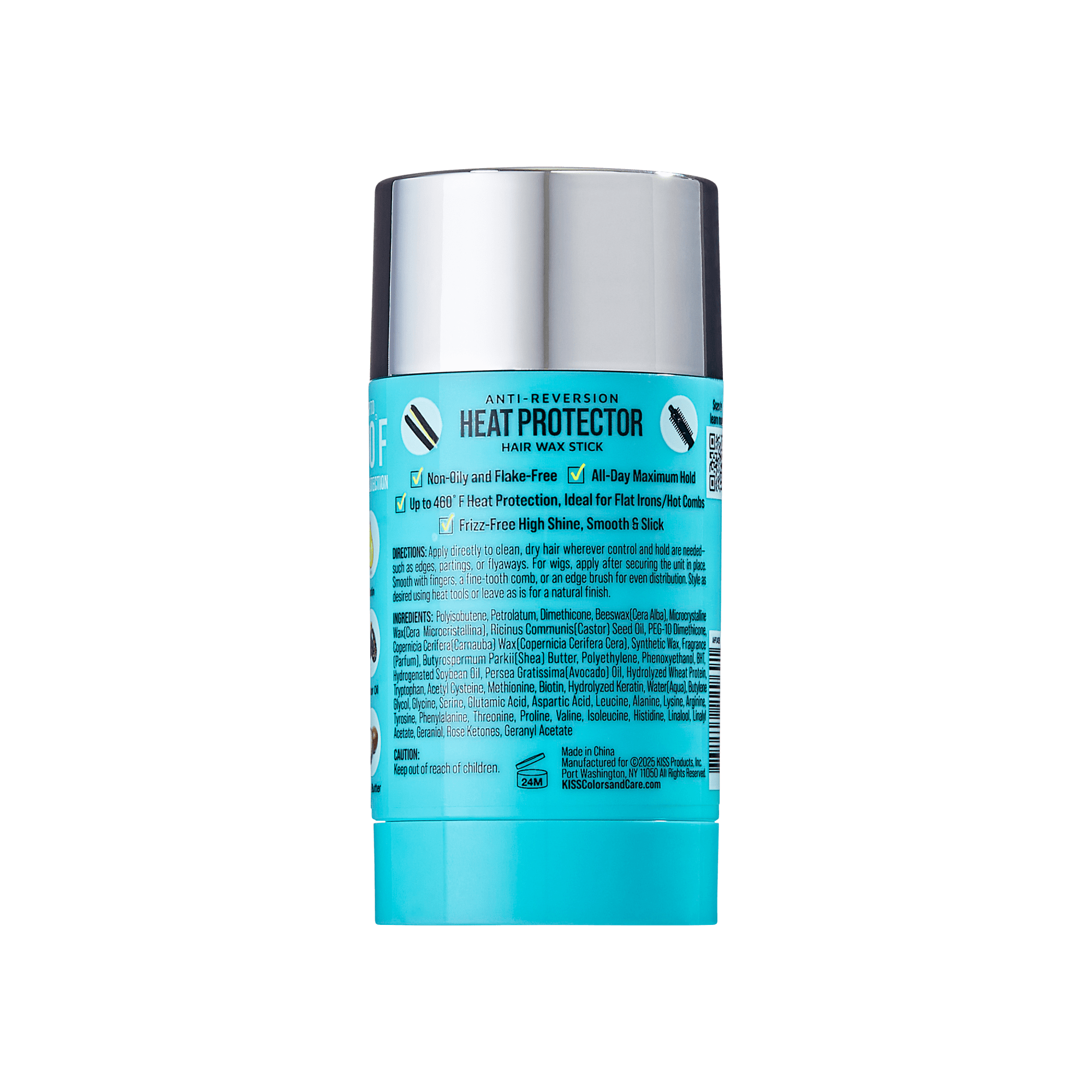 Blue and silver heat protector hair wax stick with text highlighting non-oily, flake-free, all-day hold, and up to 460°F heat protection.