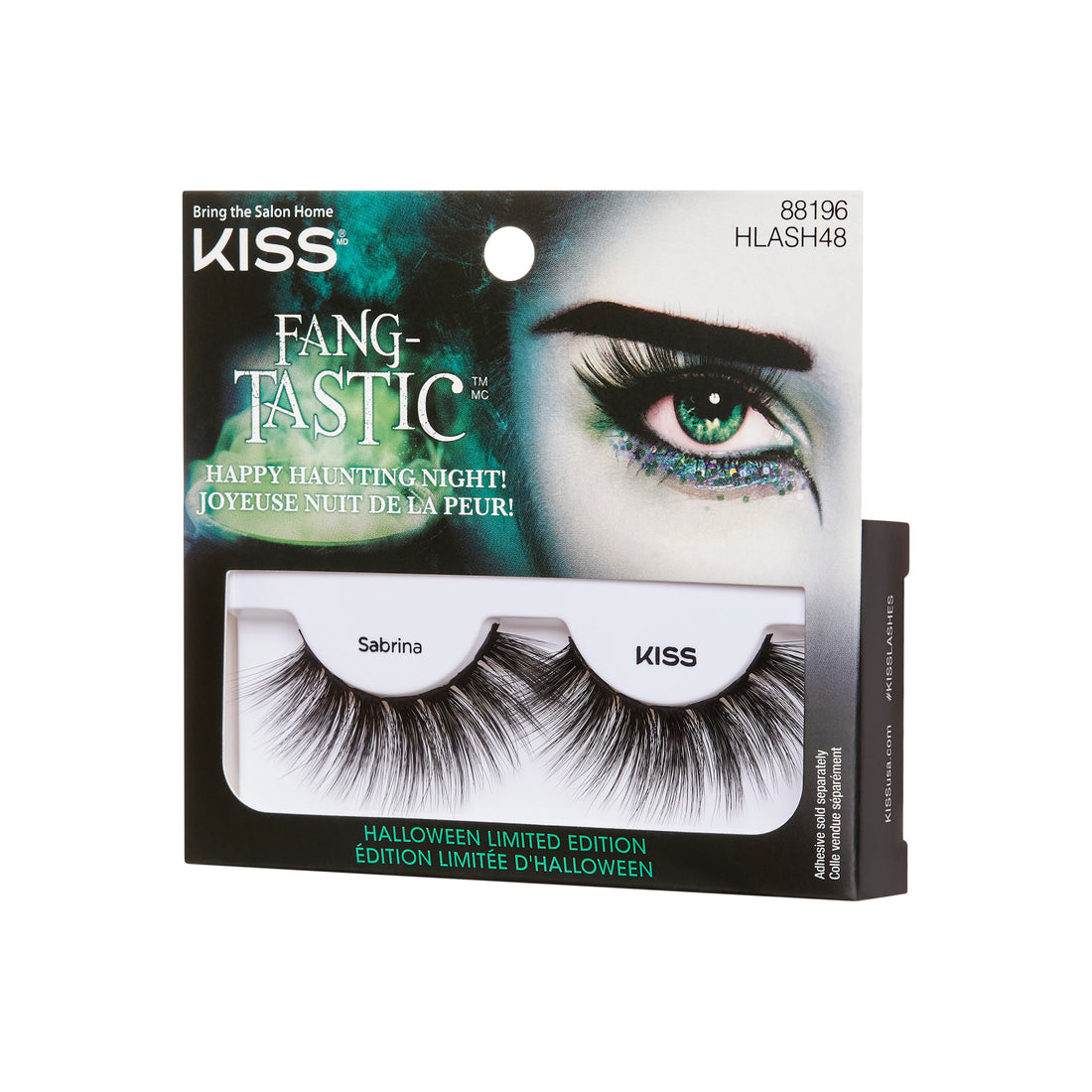 KISS Fang-Tastic Halloween false lashes in Sabrina style with green glitter packaging