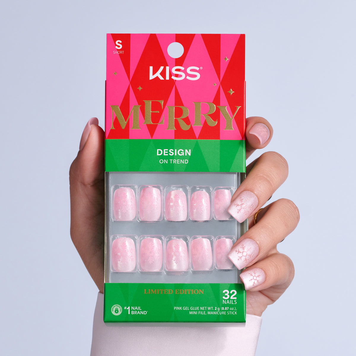 Kiss Merry Holiday Press On Fake Glue Nails - Merry Tips | Design, Pink, Short, Squoval