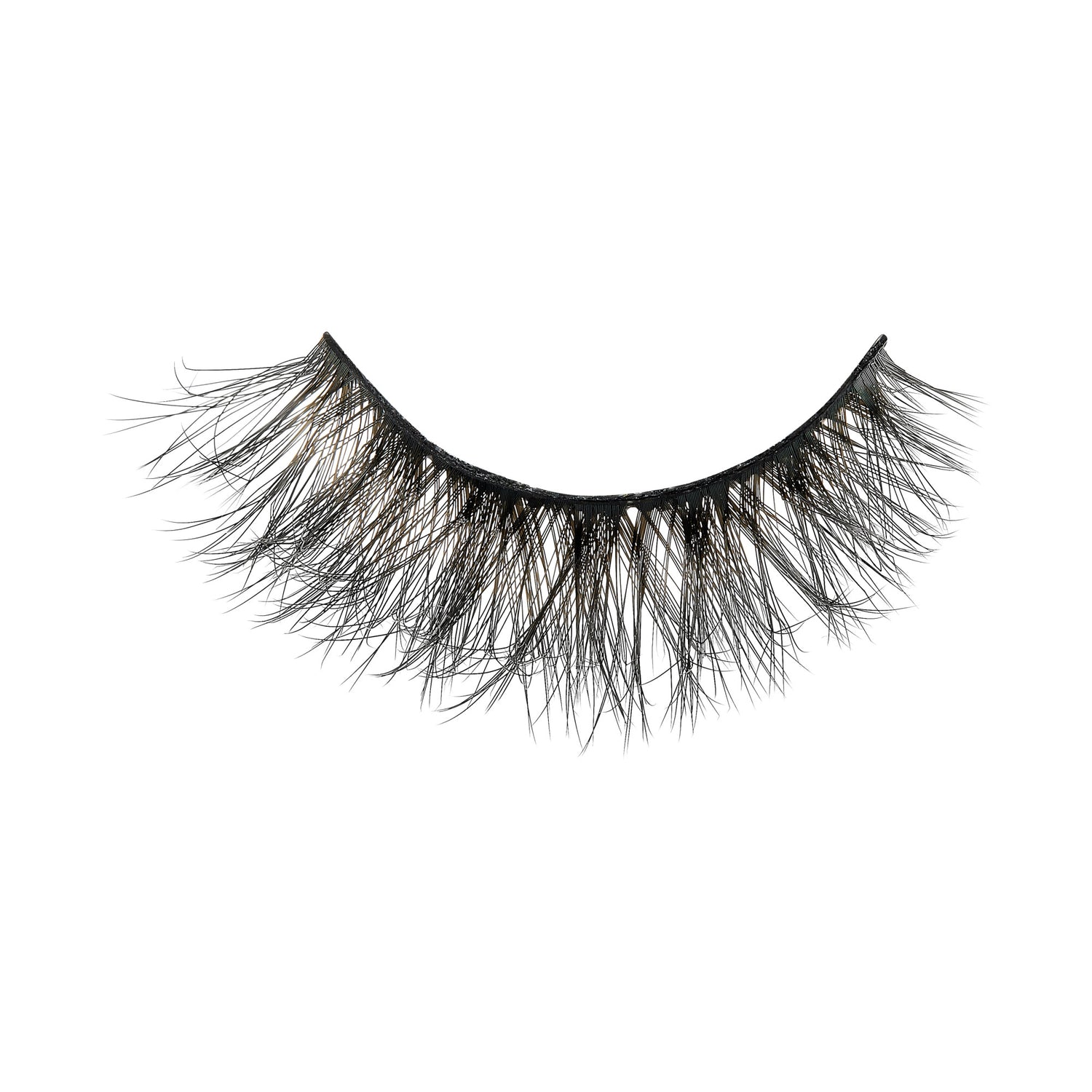 Dramatic false eyelashes with layered black fibers and curved band.