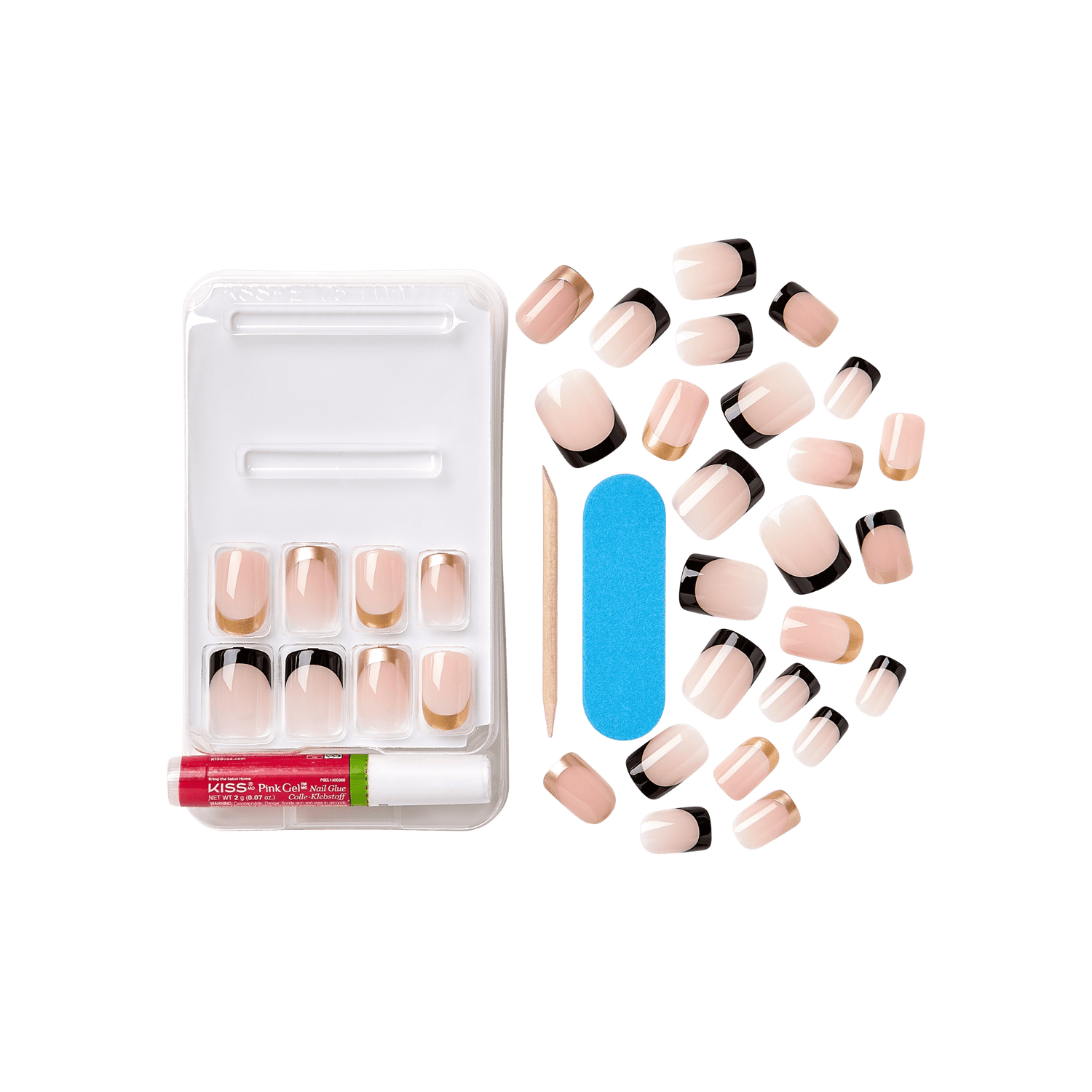 The image shows a set of artificial nails and nail care tools. The set includes multiple artificial nails of varying sizes, each with a nude base color and a black and gold French tip design. The nails are arranged in a plastic tray, with some additional nails scattered around it. The set also includes a small tube of pink gel glue, a wooden cuticle stick, a blue nail buffer, and a small nail file. The items are neatly organized, suggesting a complete kit for applying and maintaining artificial nails.