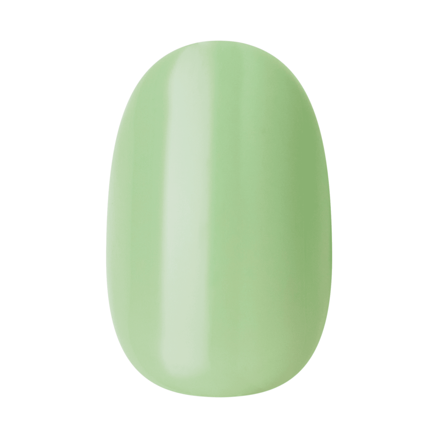 The image features a single nail tip painted in a soft, pastel green color. The surface has a glossy finish, giving it a smooth and shiny appearance. The shape of the nail is oval, typical for nail art displays. The overall look is fresh and vibrant, evoking a sense of spring or a natural aesthetic.