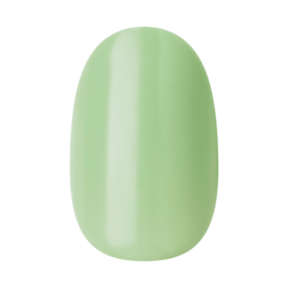 The image features a single nail tip painted in a soft, pastel green color. The surface has a glossy finish, giving it a smooth and shiny appearance. The shape of the nail is oval, typical for nail art displays. The overall look is fresh and vibrant, evoking a sense of spring or a natural aesthetic.