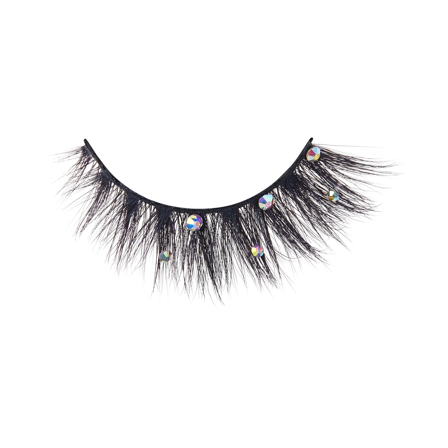 The image shows a single false eyelash. The eyelash is thick and voluminous with a dramatic, wispy design. It features several small, round, reflective rhinestones attached along the lash line, adding a touch of sparkle and glamour. The lash band is black and appears to be flexible for easy application.