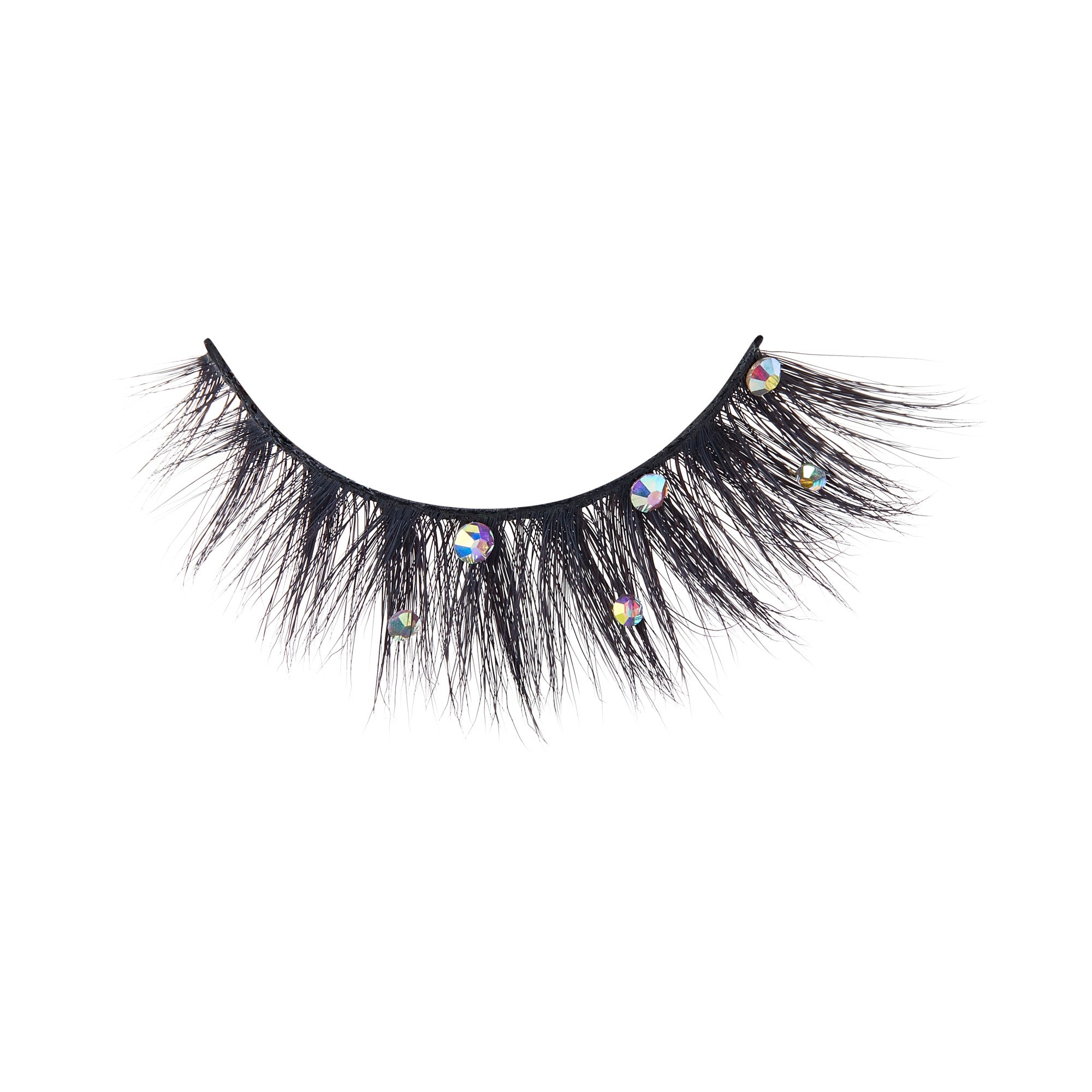 The image shows a single false eyelash. The eyelash is thick and voluminous with a dramatic, wispy design. It features several small, round, reflective rhinestones attached along the lash line, adding a touch of sparkle and glamour. The lash band is black and appears to be flexible for easy application.