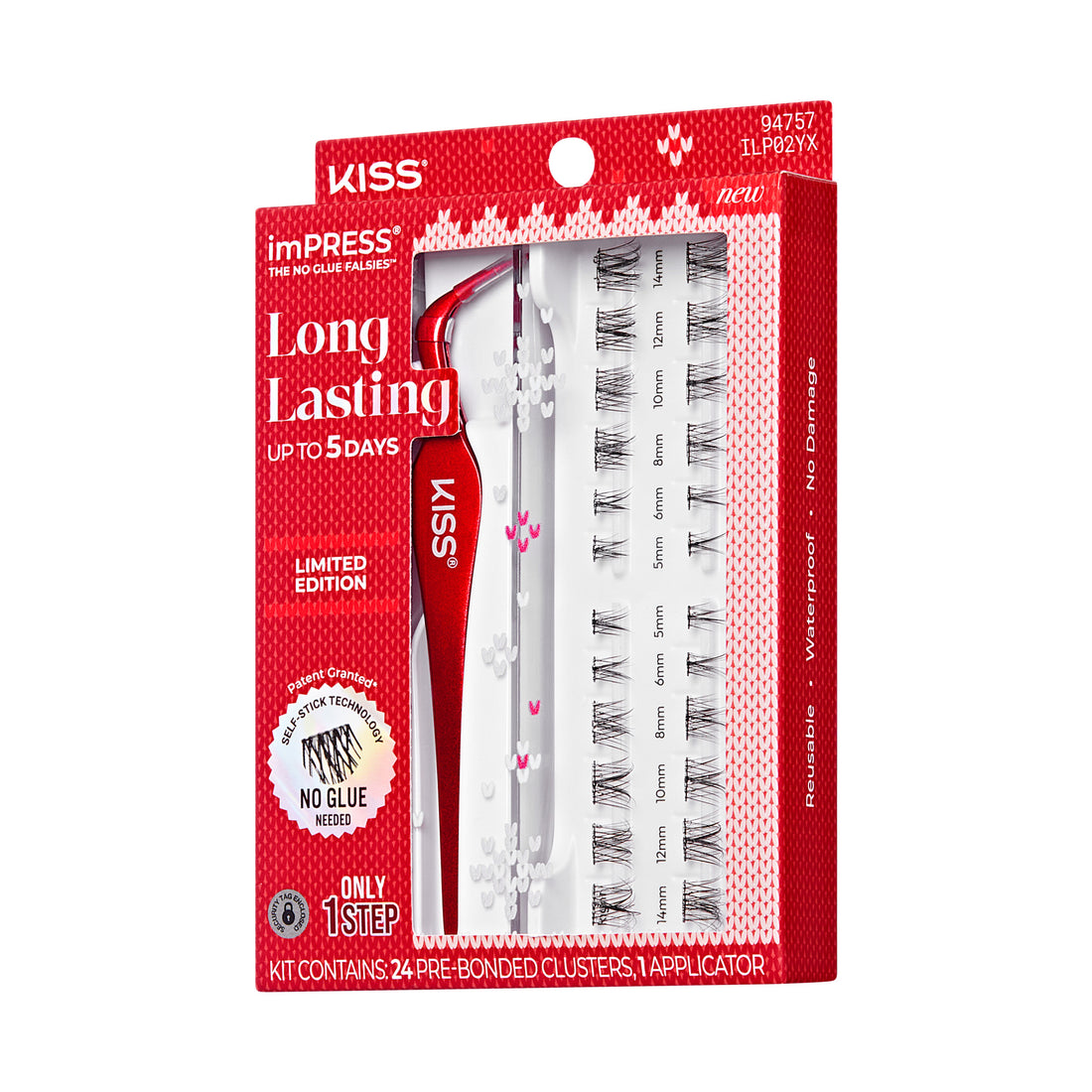 Kiss imPRESS Long Lasting false eyelashes kit with applicator, 24 pre-bonded clusters, no glue needed.