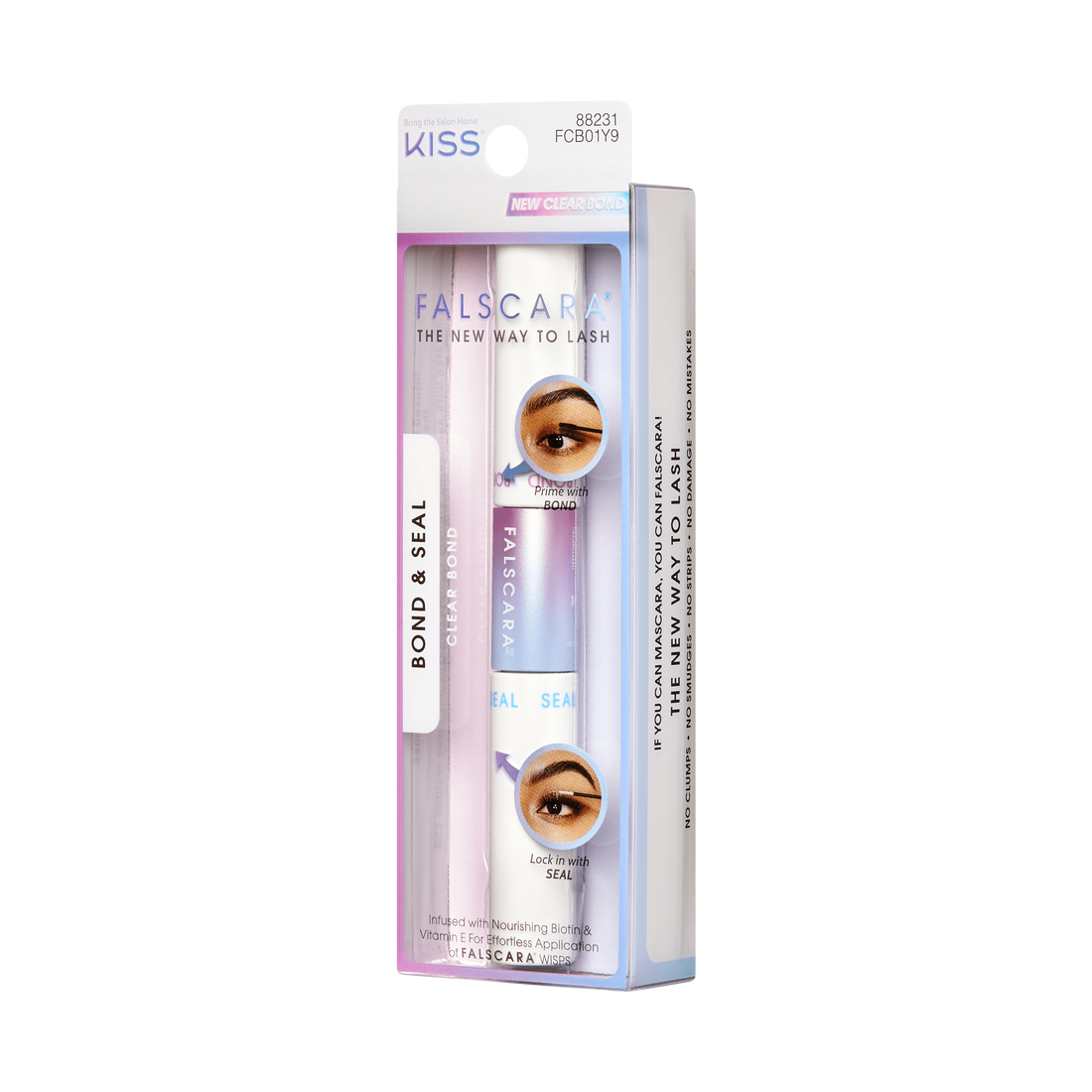 FALSCARA Bond &amp; Seal clear lash adhesive in pink and white tube packaging, labeled \