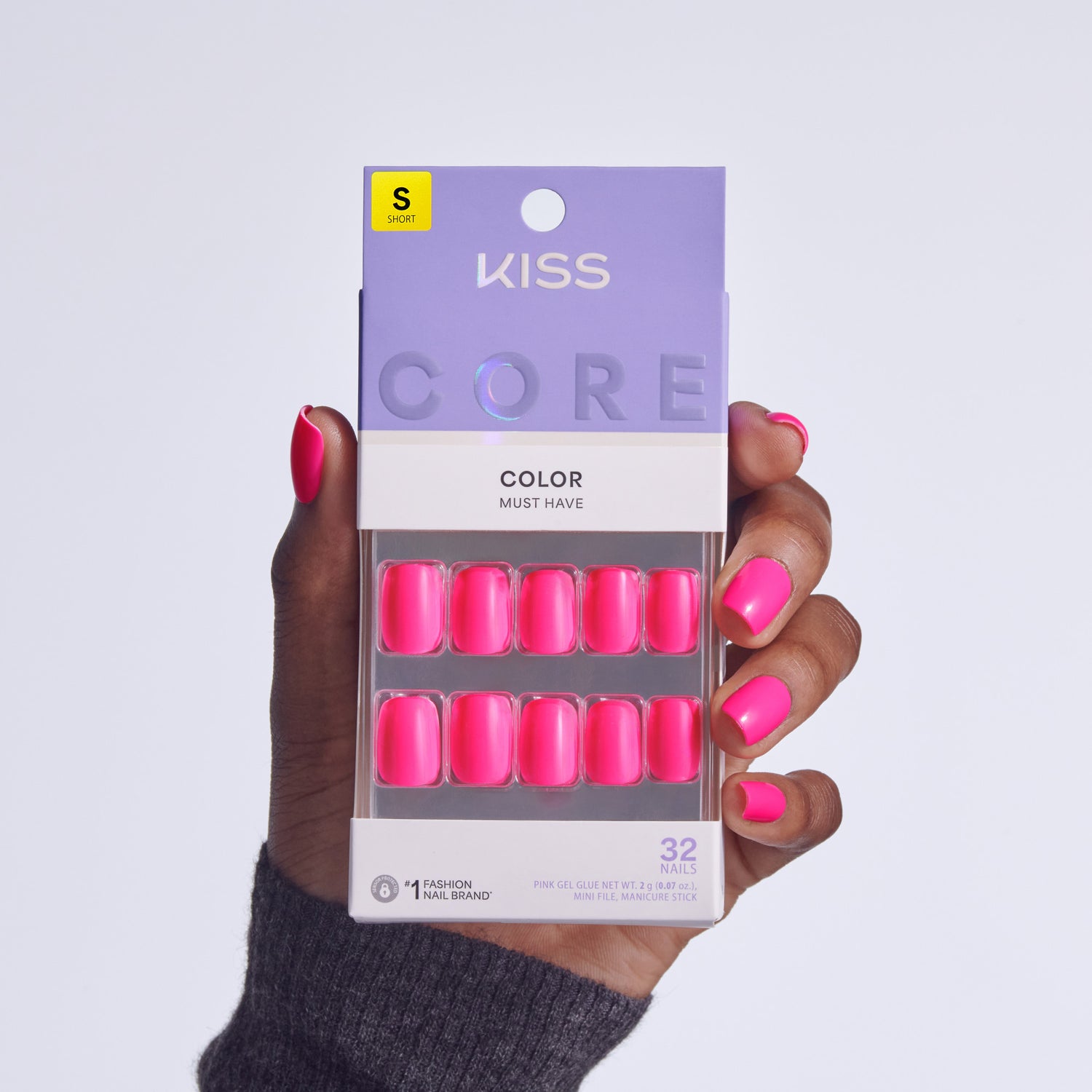 KISS Core Color Must Have press-on nails in bright pink, size short, 32 nails.
