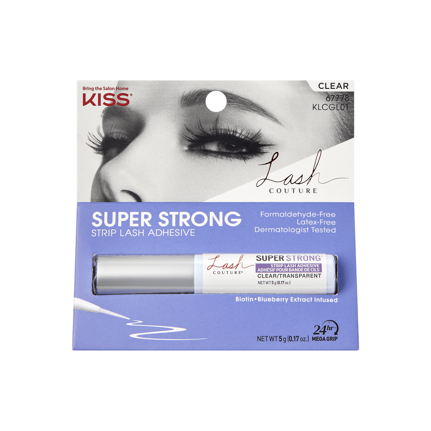 KISS Lash Couture Super Strong Strip Lash Adhesive packaging in clear, featuring a close-up of closed eyes with long lashes, labeled formaldehyde- and latex-free, dermatologist tested, infused with biotin and blueberry extract, and offering 24-hour mega grip.