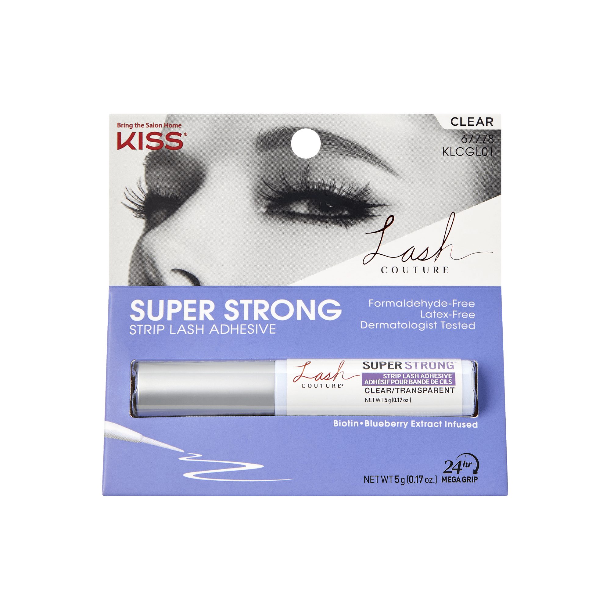 KISS Lash Couture Super Strong Strip Lash Adhesive packaging in clear, featuring a close-up of closed eyes with long lashes, labeled formaldehyde- and latex-free, dermatologist tested, infused with biotin and blueberry extract, and offering 24-hour mega grip.