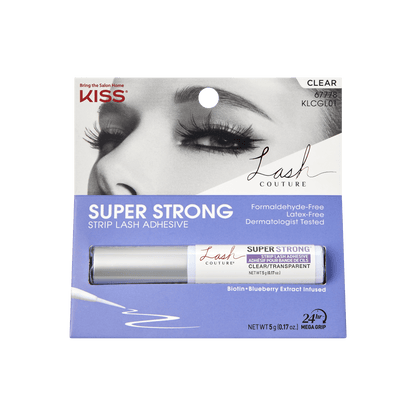 KISS Lash Couture Super Strong Strip Lash Adhesive packaging in clear, featuring a close-up of closed eyes with long lashes, labeled formaldehyde- and latex-free, dermatologist tested, infused with biotin and blueberry extract, and offering 24-hour mega grip.
