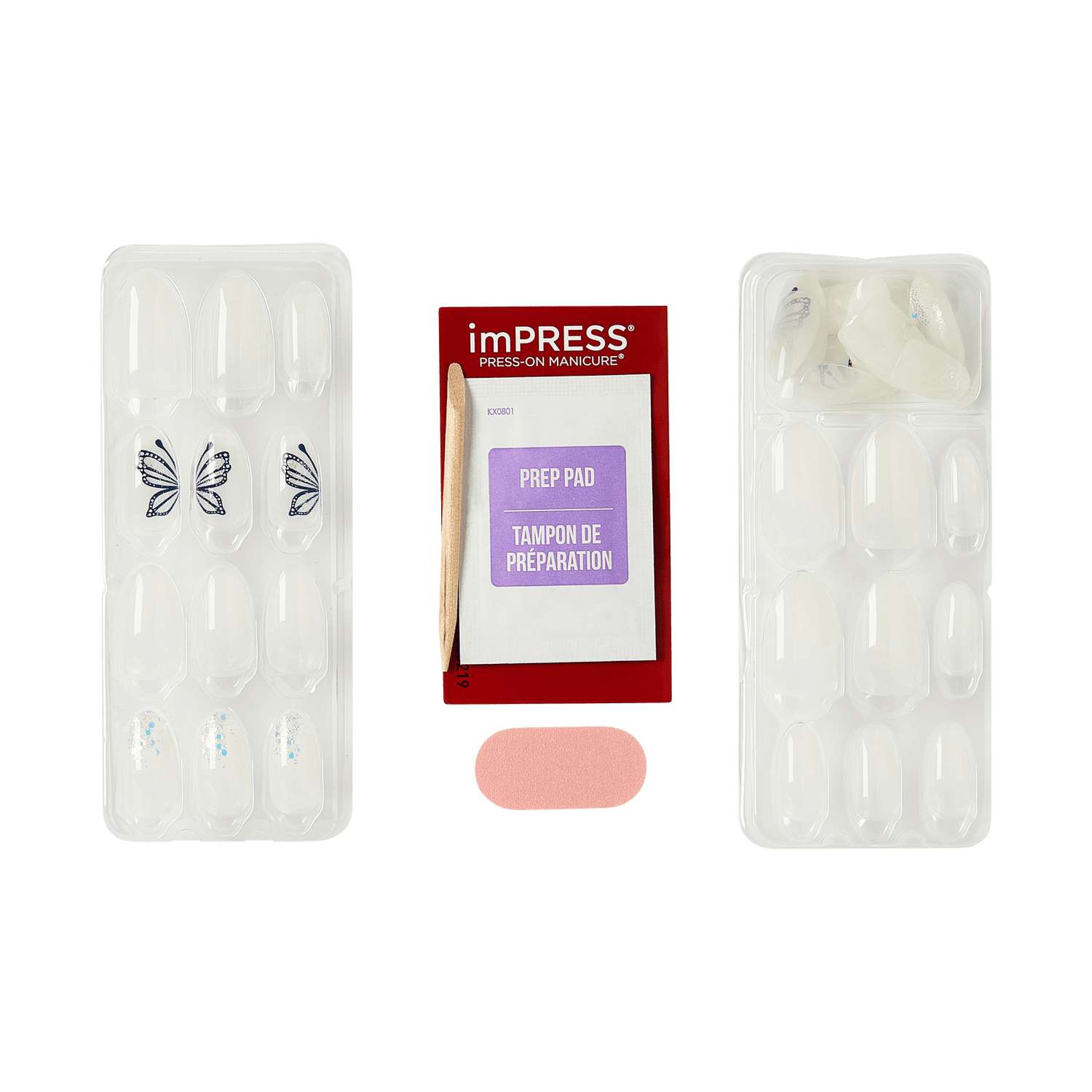 The image features a set of press-on nails arranged in a neat layout. On the left, there is a tray containing several clear nails, some adorned with decorative designs, including a butterfly motif. In the center, there is a package labeled "imPRESS PRESS-ON MANICURE" that includes a "Prep Pad" for nail preparation. On the right, another tray holds additional clear nails, some with embellishments. The overall presentation suggests a complete manicure kit for easy application.